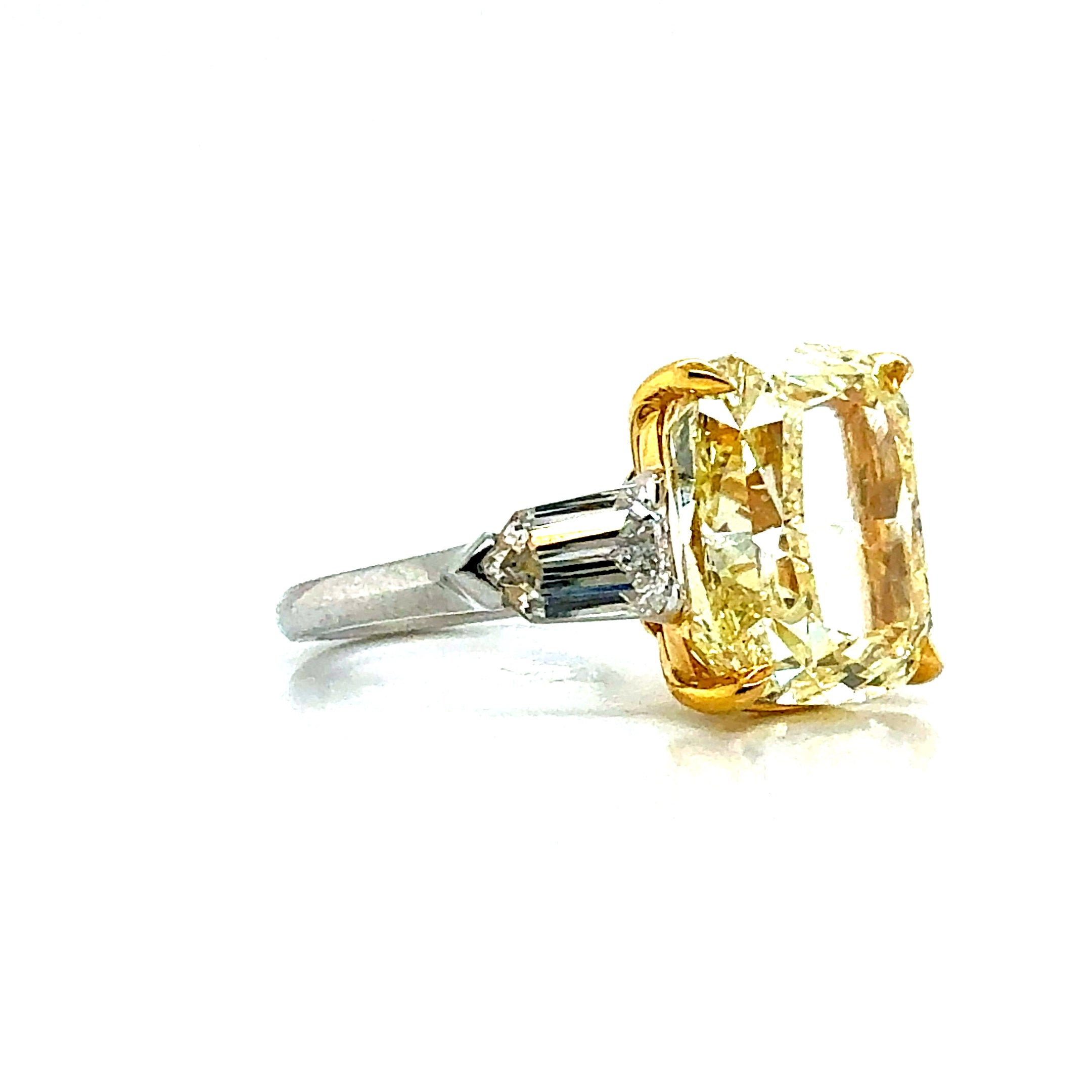 Flawless Fancy Yellow Cushion Diamond Ring with Trapeze Side Diamonds in Platinum & 18K Yellow Gold - 7.78 Carat - Jackson Hole Jewelry Company