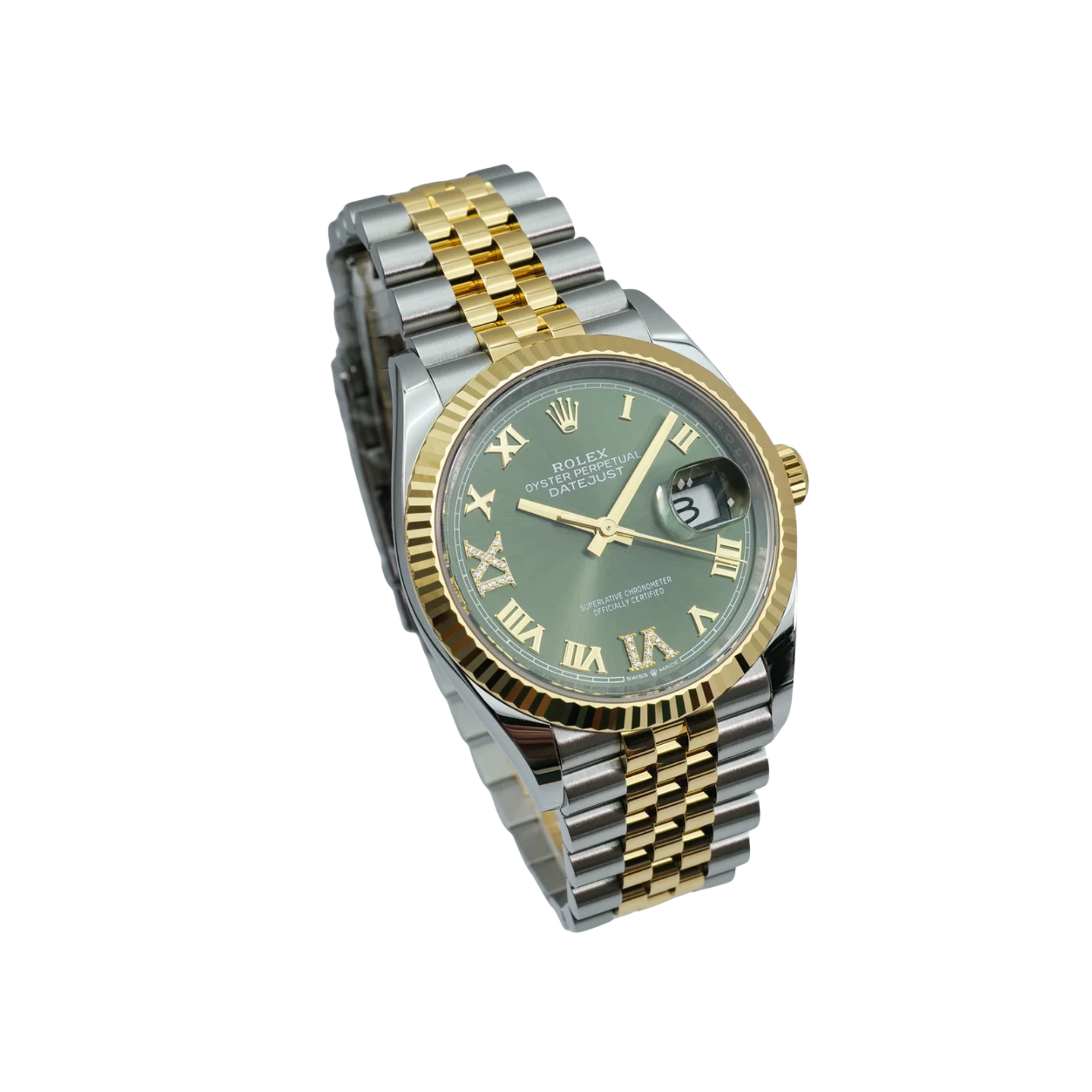Rolex Datejust 36mm Olive Dial with Diamond IV & IX Fluted Bezel in Steel and Yellow Gold - Jackson Hole Jewelry Company