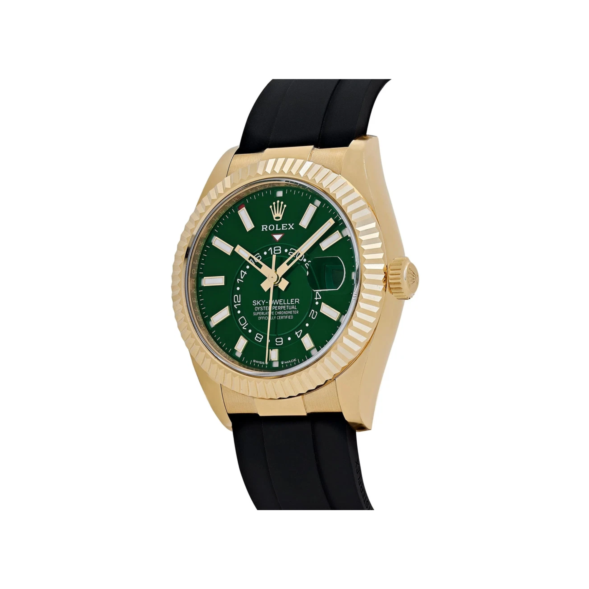 Rolex – Sky-Dweller 42mm in 18K Yellow Gold with Bright Green Dial on Oysterflex - Jackson Hole Jewelry Company
