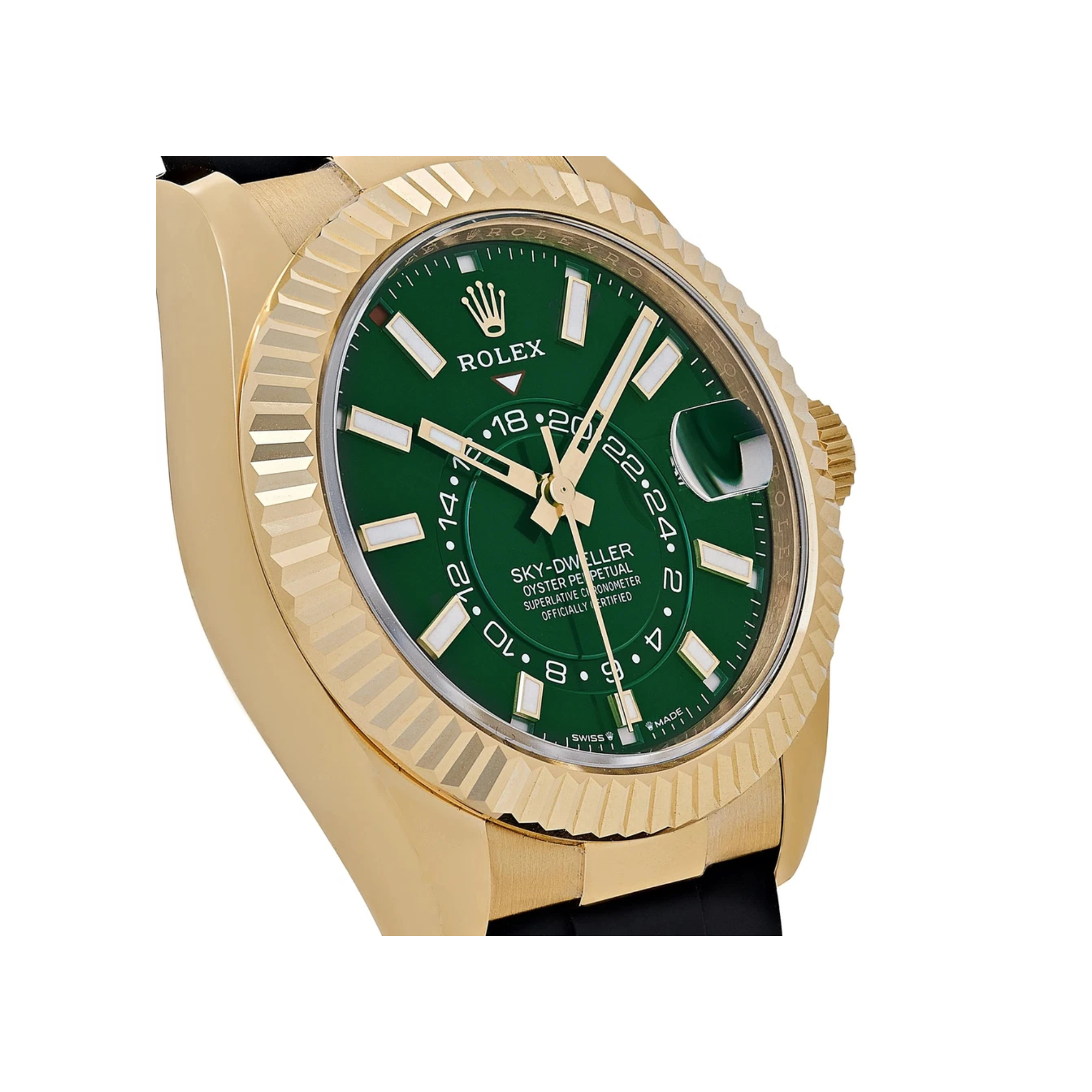 Rolex – Sky-Dweller 42mm in 18K Yellow Gold with Bright Green Dial on Oysterflex - Jackson Hole Jewelry Company