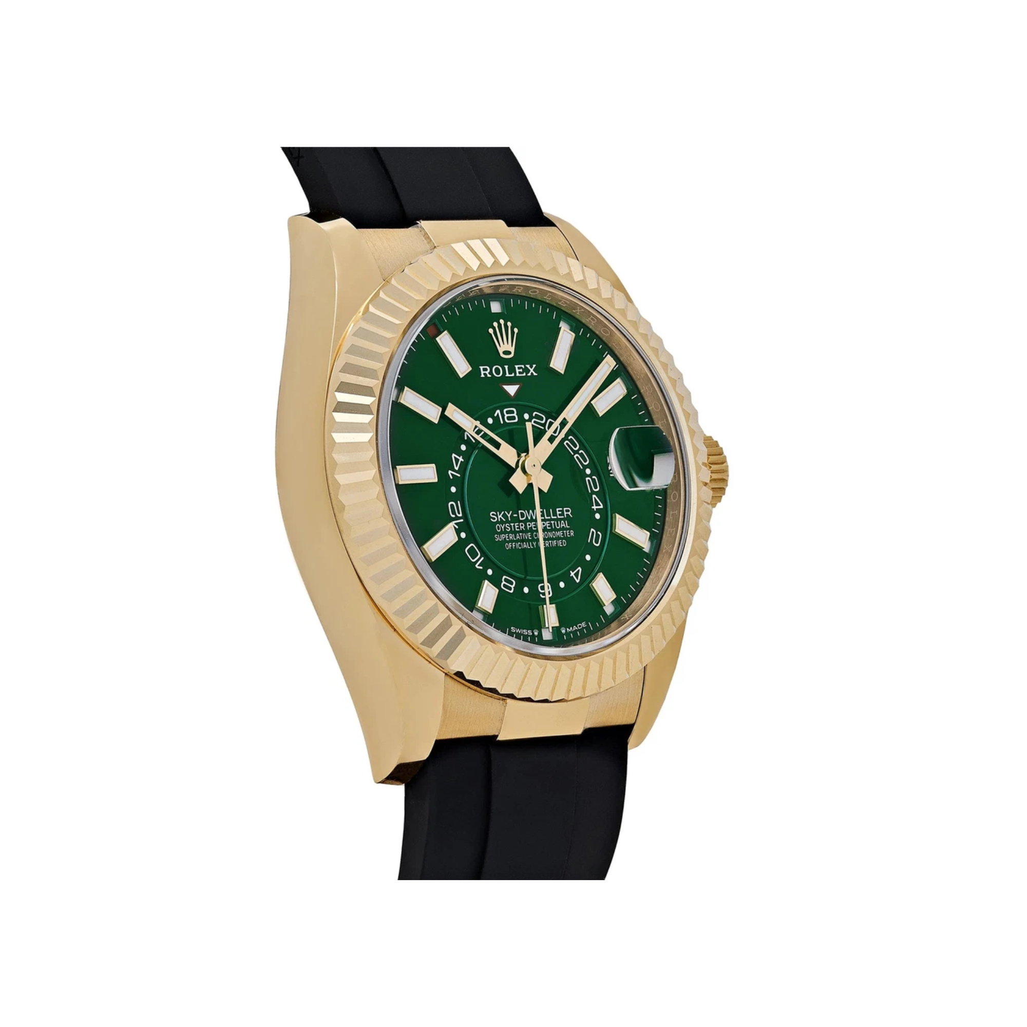 Rolex – Sky-Dweller 42mm in 18K Yellow Gold with Bright Green Dial on Oysterflex - Jackson Hole Jewelry Company