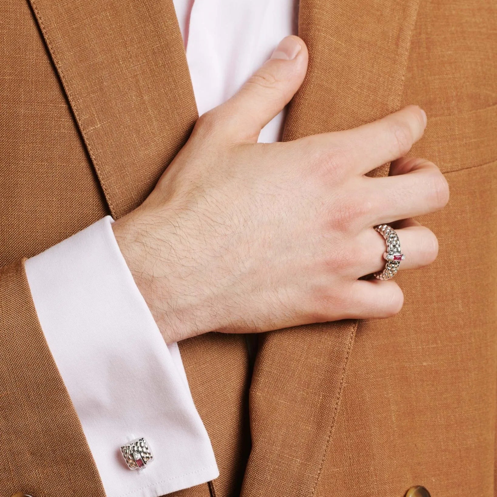 FOPE VENDOME 18K White Gold Cufflinks with White Diamonds and Ruby - 0.08 ct - Jackson Hole Jewelry Company