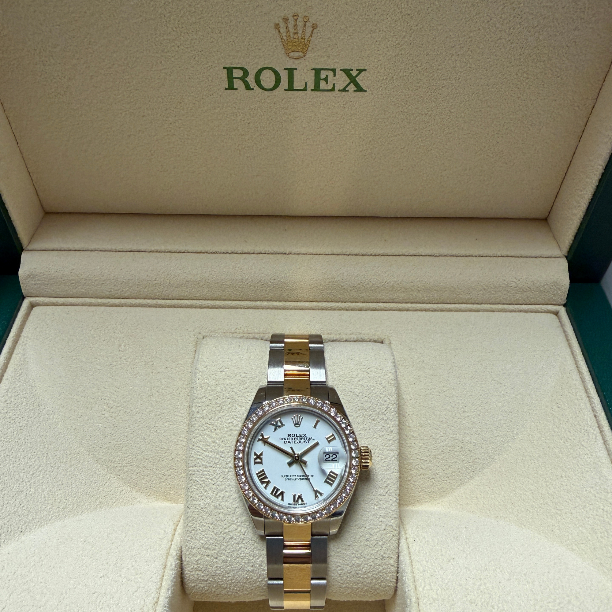 Rolex Datejust Lady 28mm White Roman Dial with Diamond Bezel on Oyster Bracelet - Jackson Hole Jewelry Company