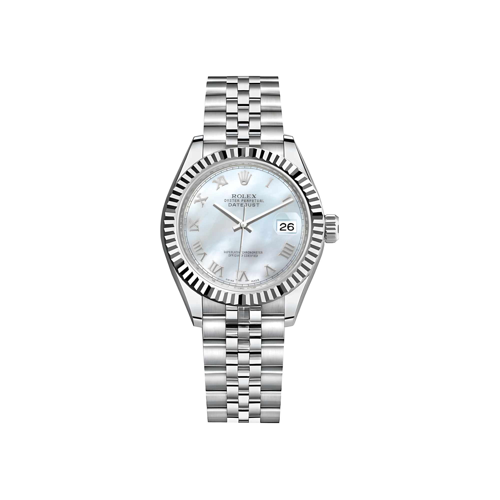 Rolex Datejust 31mm Mother of Pearl Roman Dial with Fluted Bezel in Steel and White Gold on Jubilee - Jackson Hole Jewelry Company