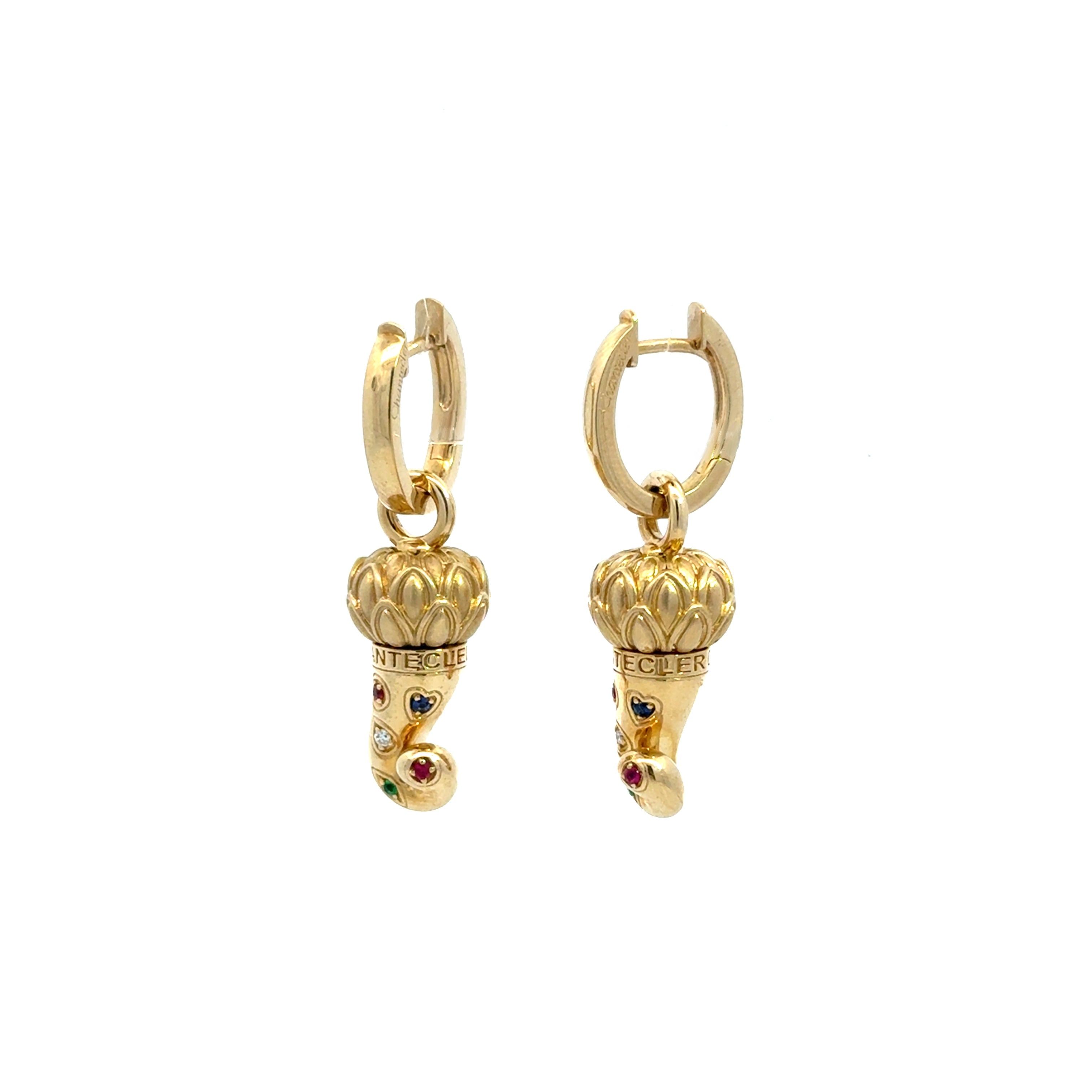 Chantecler Corni Small Horn Earrings – 9K Yellow Gold with Diamonds, Rubies, Emeralds & Sapphires - Jackson Hole Jewelry Company