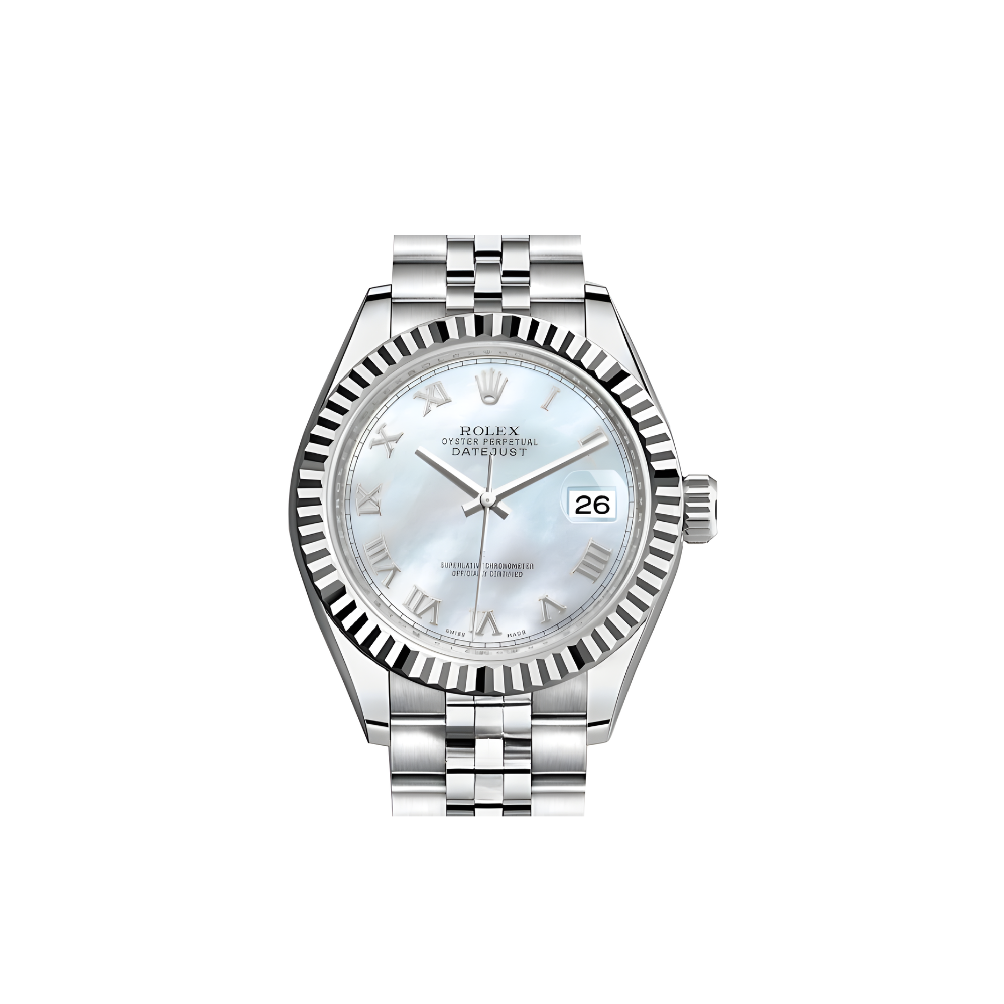 Rolex Datejust 31mm Mother of Pearl Roman Dial with Fluted Bezel in Steel and White Gold on Jubilee - Jackson Hole Jewelry Company
