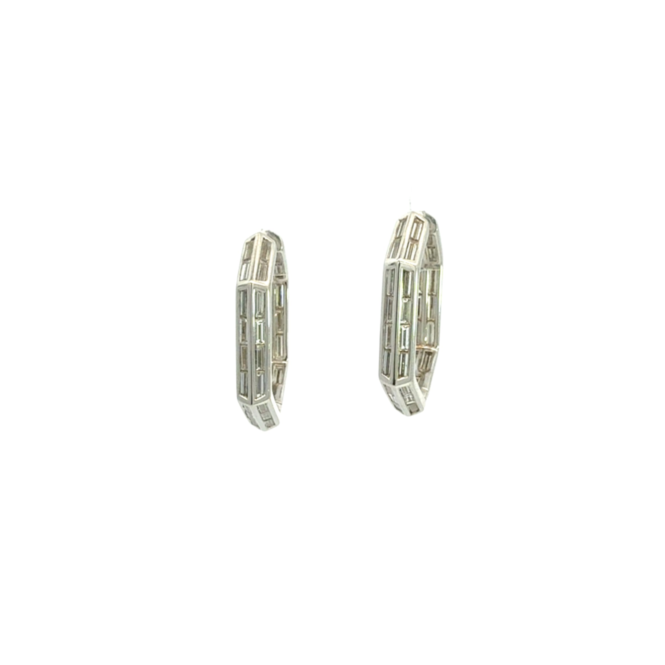 18K White Gold Empire Hexagonal Hoop Earrings with Baguette Diamonds – 1.80 Carats - Jackson Hole Jewelry Company