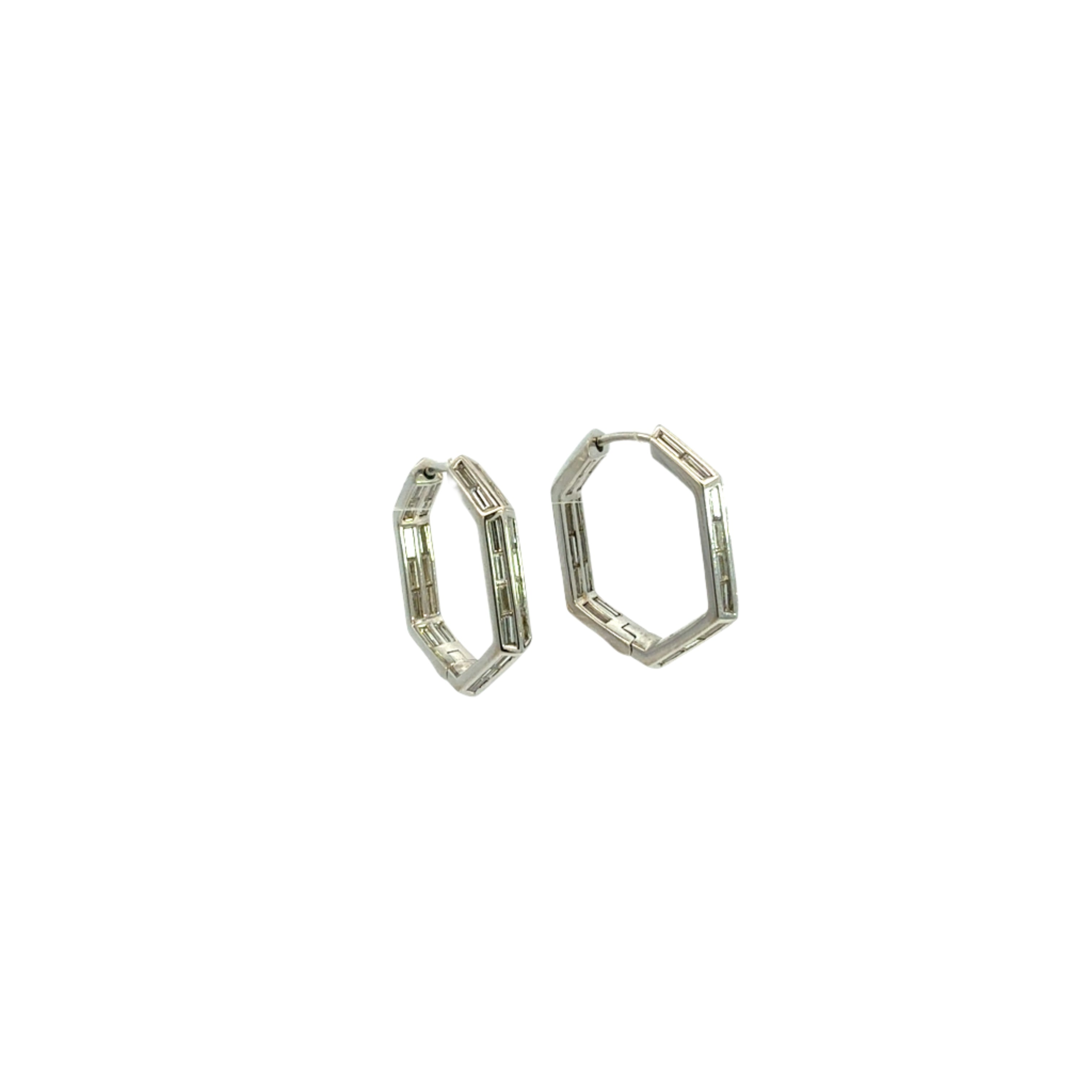 18K White Gold Empire Hexagonal Hoop Earrings with Baguette Diamonds – 1.80 Carats - Jackson Hole Jewelry Company