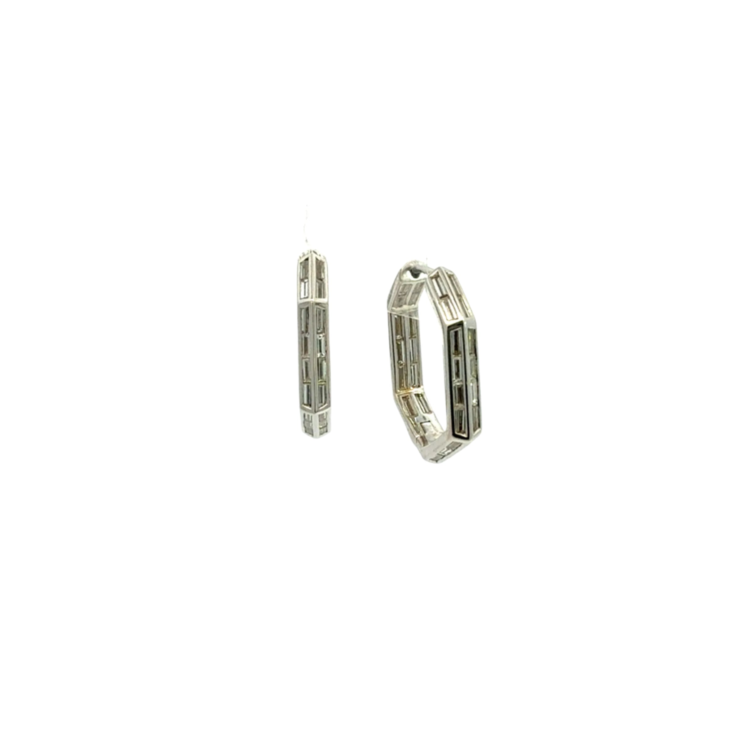 18K White Gold Empire Hexagonal Hoop Earrings with Baguette Diamonds – 1.80 Carats - Jackson Hole Jewelry Company