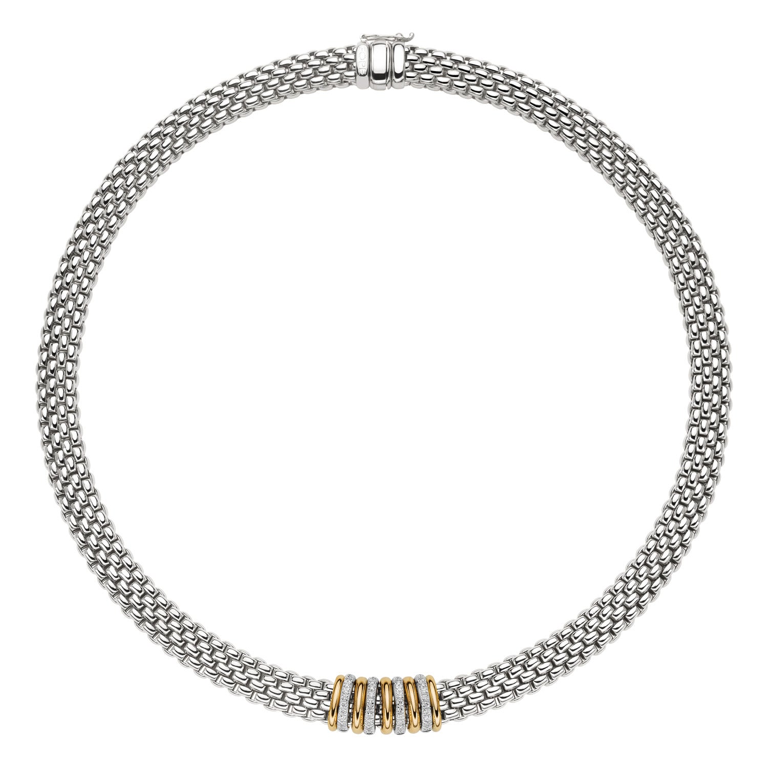 FOPE PANORAMA 18K White Gold Necklace with White Diamonds and Yellow Gold Rondels - 0.30 carats - Jackson Hole Jewelry Company