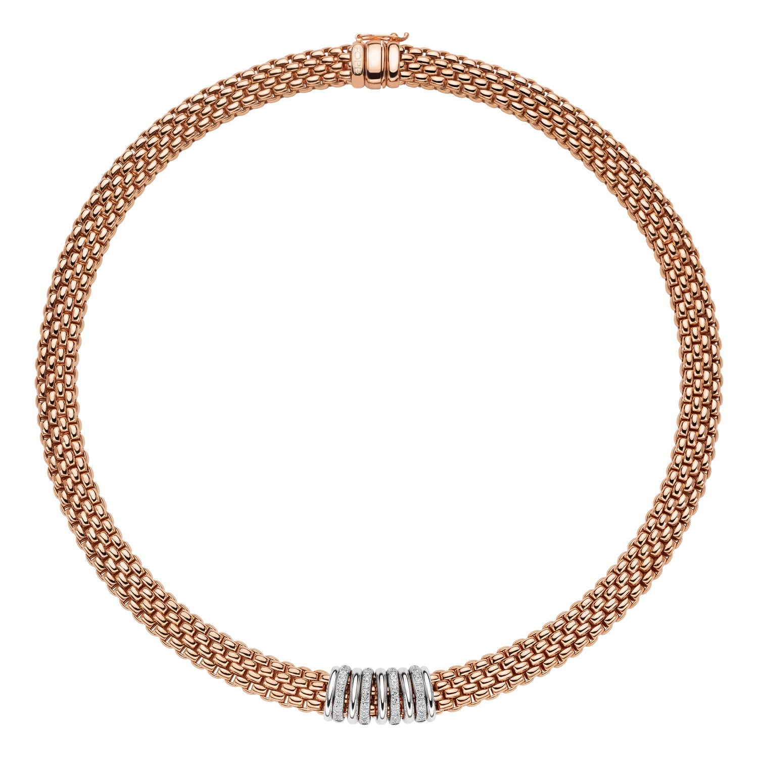 FOPE PANORAMA 18K Rose Gold Necklace with White Diamonds and White Gold Rondels - 0.30 carats - Jackson Hole Jewelry Company