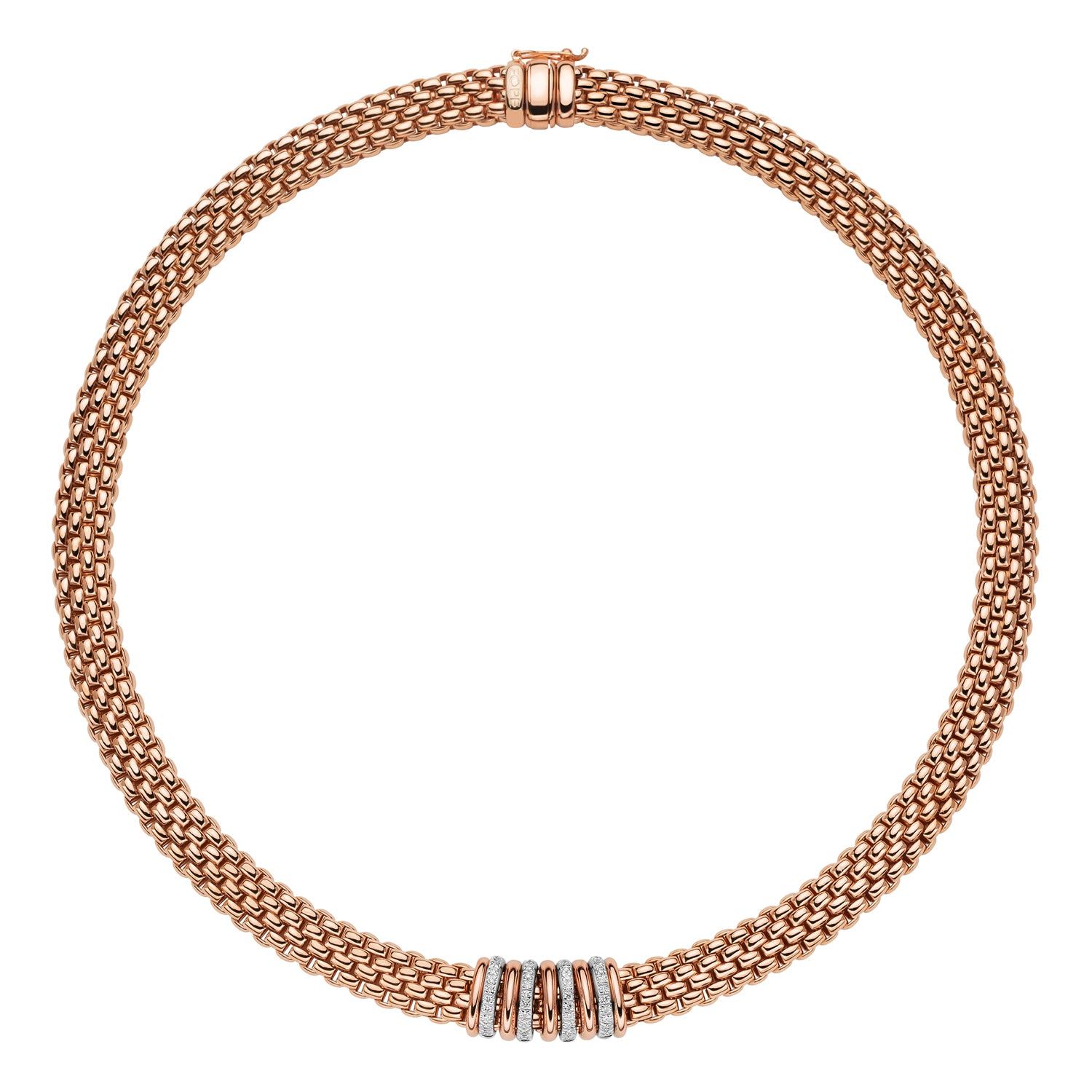 FOPE PANORAMA 18K Rose Gold Necklace with White Diamonds and Rose Gold Rondels - 0.30 carats - Jackson Hole Jewelry Company