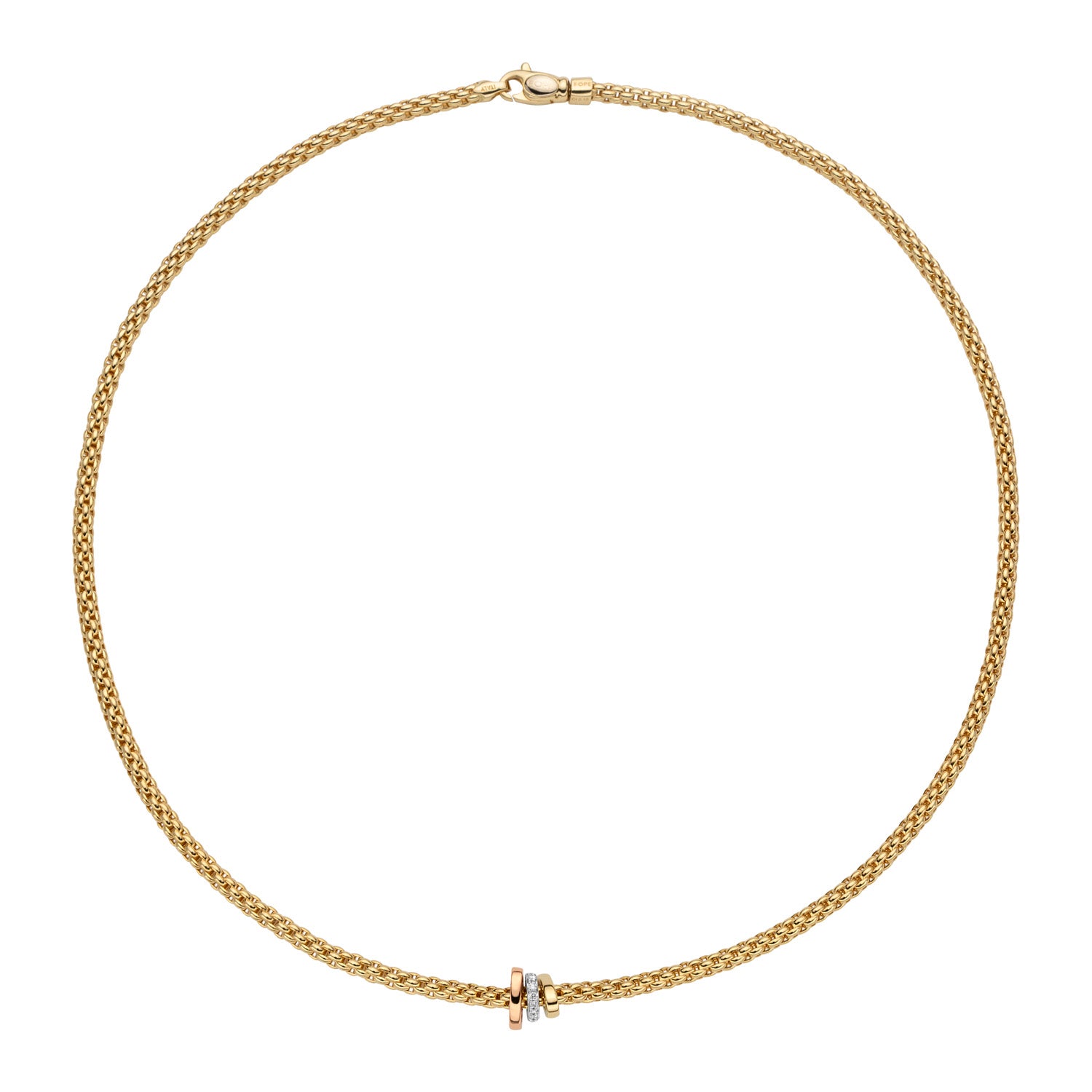 FOPE PRIMA 18K Yellow Gold Necklace With Tri-Gold Rondels and White Diamonds - 0.10 carats - Jackson Hole Jewelry Company