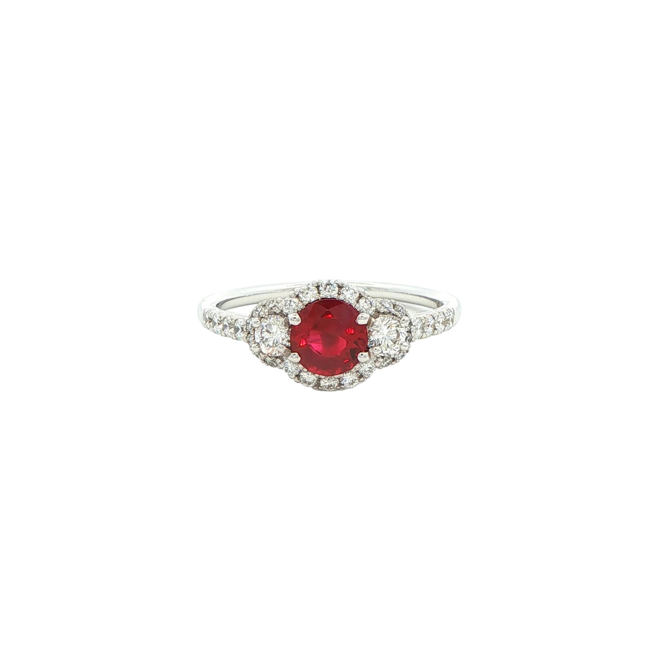 Round Ruby & Diamond Halo Ring in 18K White Gold – Pavé Diamond Band - Jackson Hole Jewelry Company