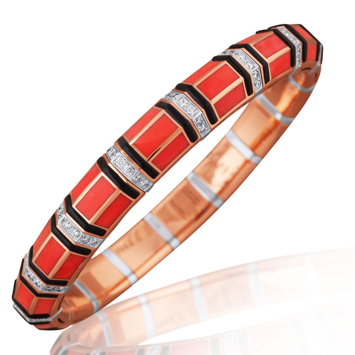Picchiotti - Xpandable™ Coral and Onyx Bracelet with Round Diamonds in 18K Rose and White Gold - Jackson Hole Jewelry Company
