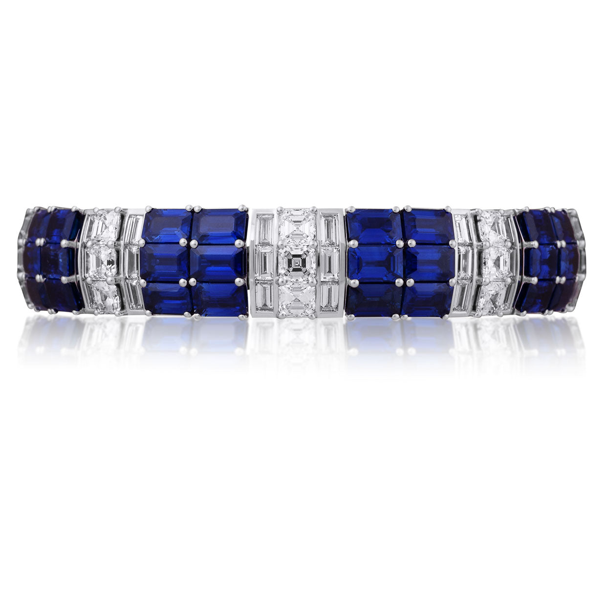 Picchiotti Xpandable™ Wide Sapphire, Emerald Cut & Baguette Diamond Bracelet in 18K White Gold 53.16 cttw - Jackson Hole Jewelry Company