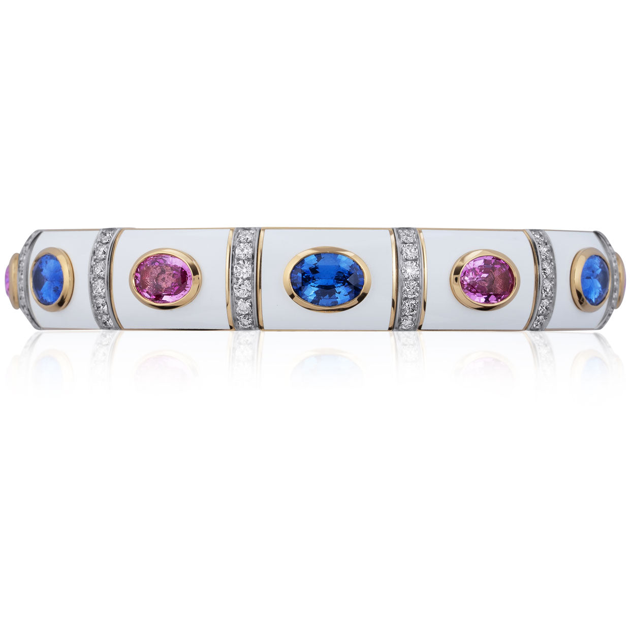 Picchiotti - Xpandable™ Pink & Blue Sapphire Bracelet with White Ceramic and Round Diamonds in 18K Yellow and White Gold - Jackson Hole Jewelry Company