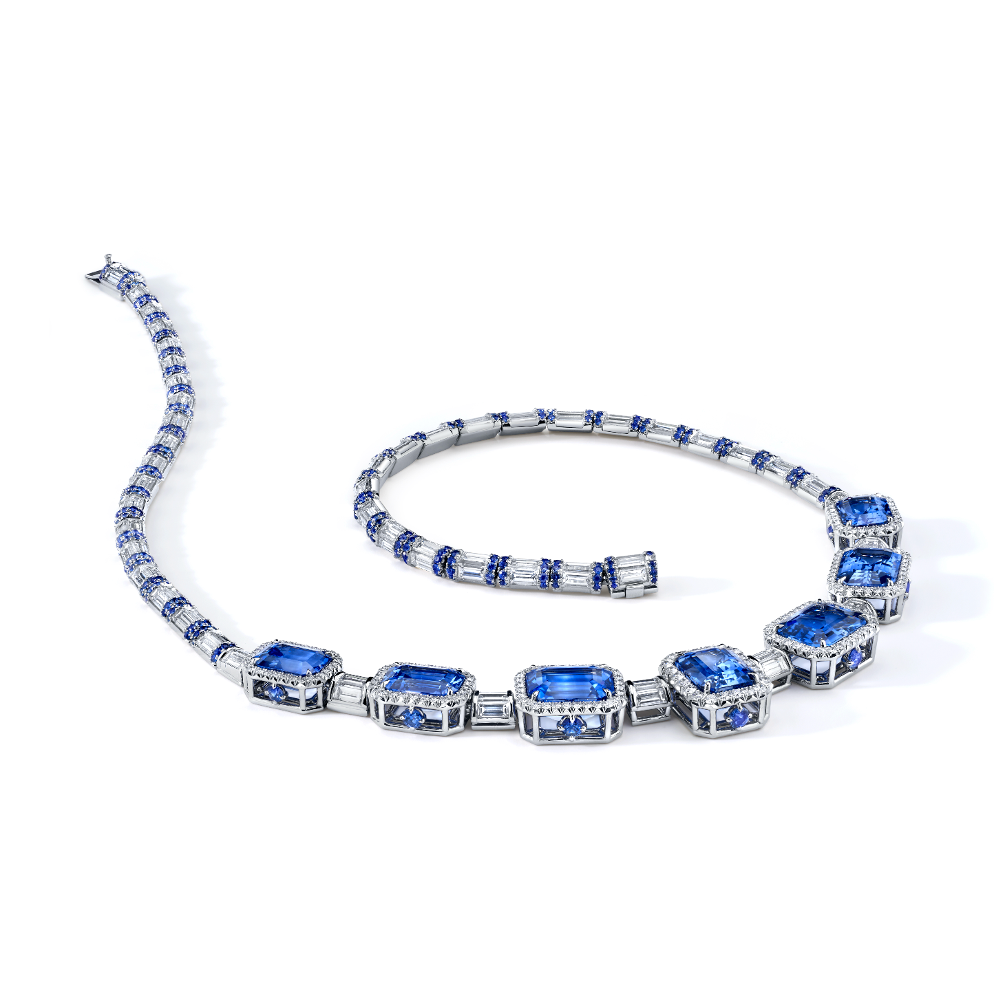 Omi Privé Blue Sapphire & Diamond Necklace in Platinum - Jackson Hole Jewelry Company