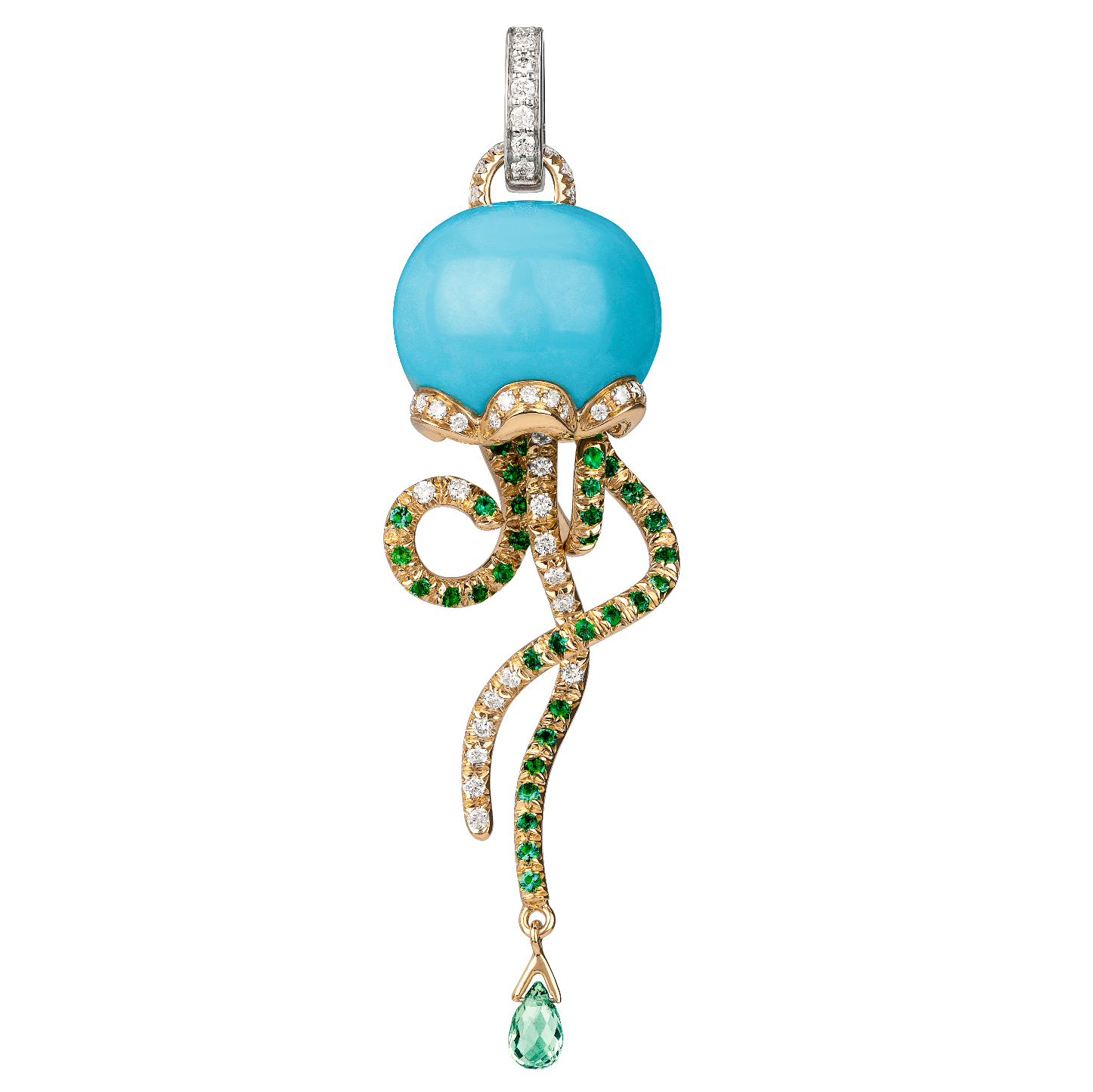 Chantecler Campanella Jellyfish Charm in 18K Yellow and White Gold with Diamonds, Emeralds, Sapphires and Turquoise - Jackson Hole Jewelry Company