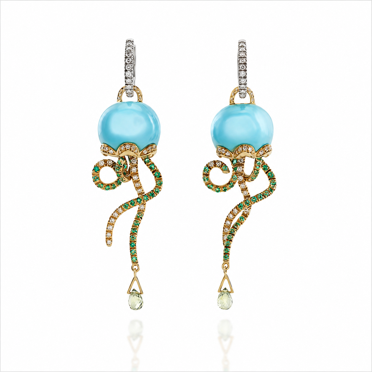 Chantecler Campanella Jellyfish Earrings in 18K Yellow and White Gold with Diamonds, Emeralds, Sapphires and Turquoise - Jackson Hole Jewelry Company