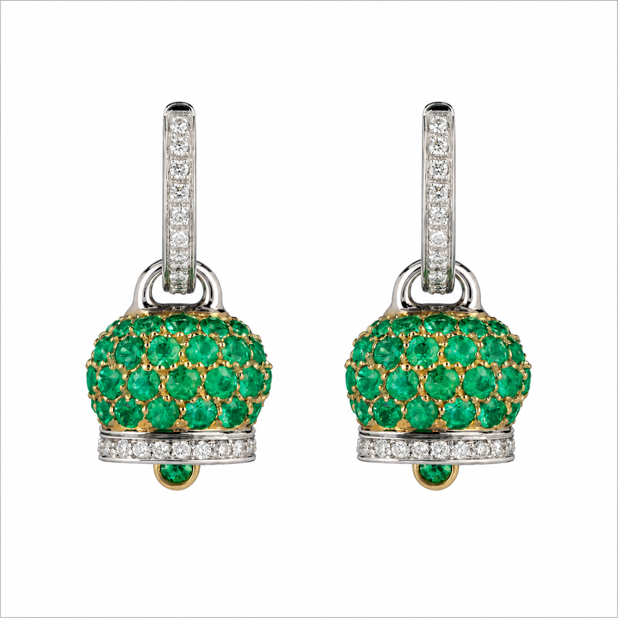 Chantecler Medium Campanella Diamond and Emerald Pavé Earrings in 18K White and Yellow Gold - Jackson Hole Jewelry Company