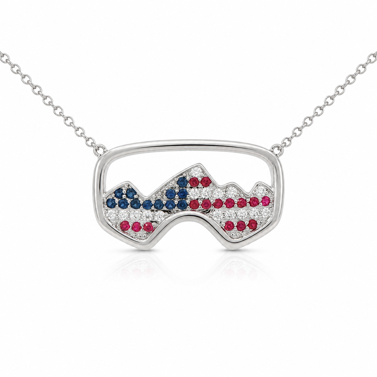 USA Ski Goggle Diamond Necklace with Rubies and Sapphires in 18K White Gold - Jackson Hole Jewelry Company