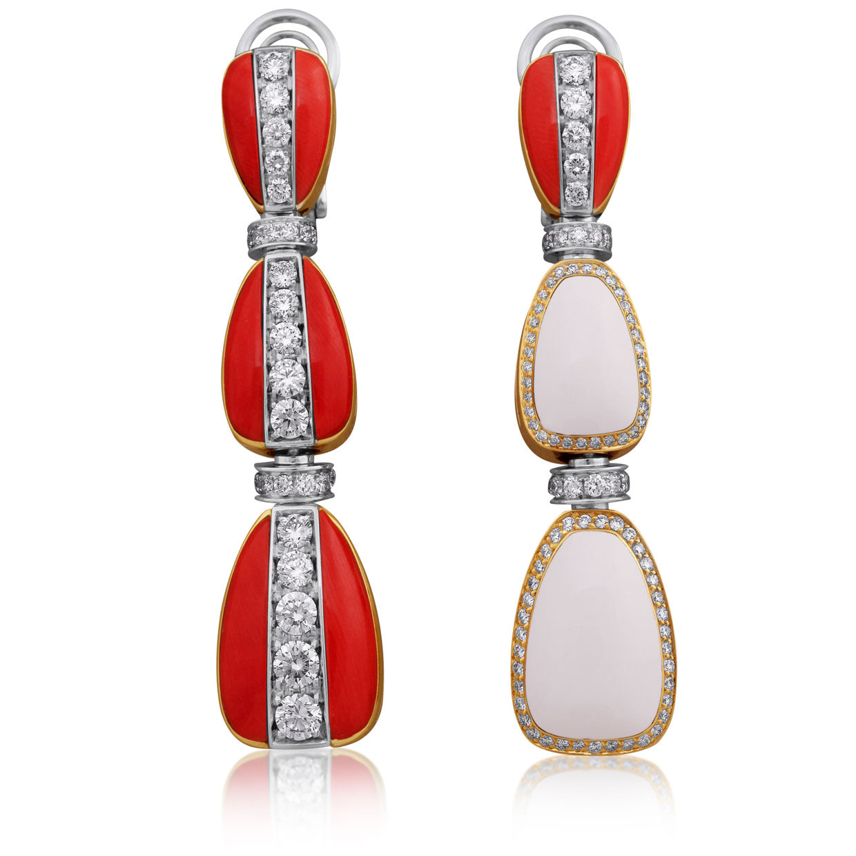 Picchiotti - Reversible Diamond Earrings in 18K White & Yellow Gold with White Ceramics and Coral - Jackson Hole Jewelry Company