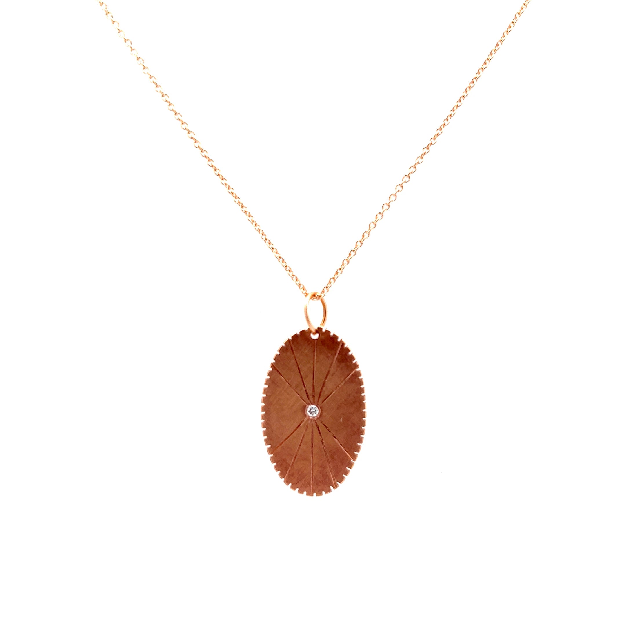 14K ROSE GOLD SMALL VERTICAL SET OVAL PENDANT WITH WHITE DIAMOND ETCHED STARBURST (Pendant Only) - Jackson Hole Jewelry Company