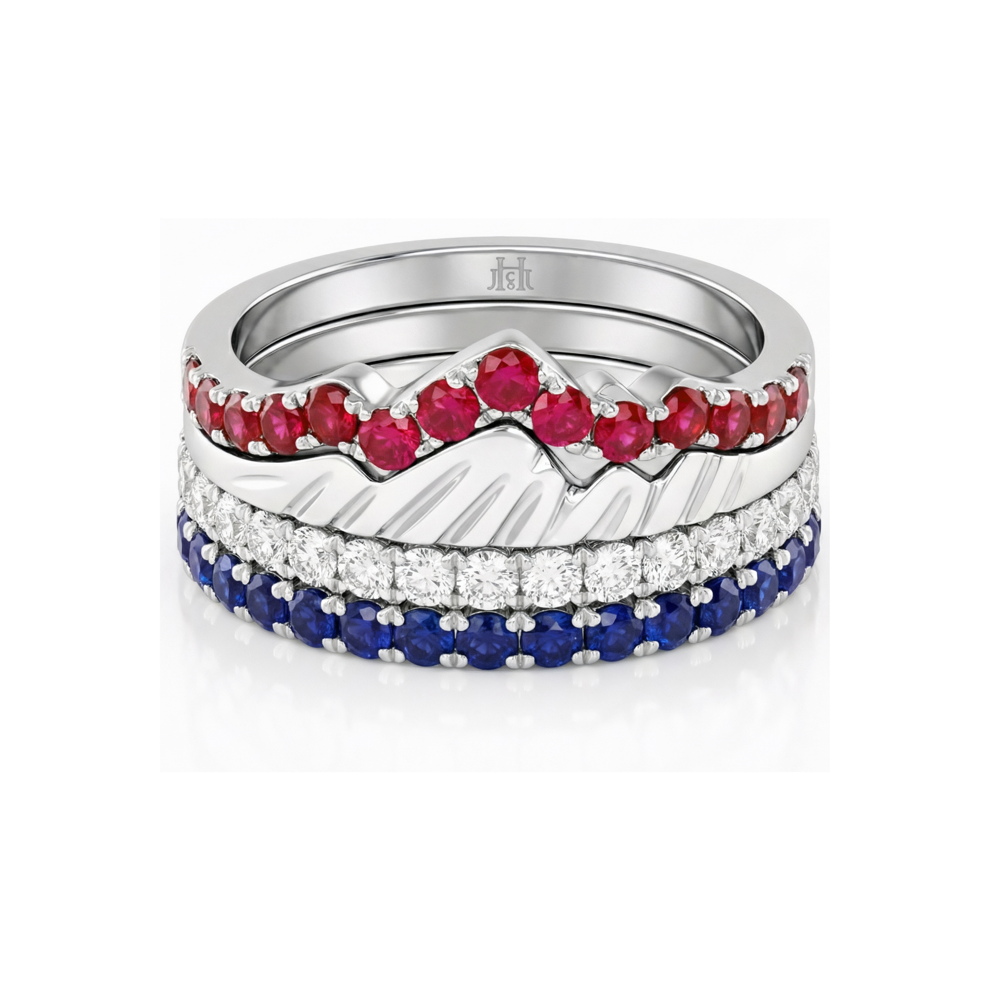 USA Diamond Teton 4 Ring Stack with Rubies and Sapphires in 18K White Gold - Jackson Hole Jewelry Company