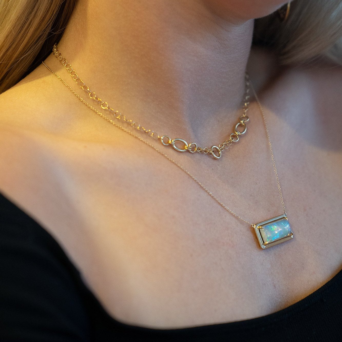 14K YELLOW GOLD BEZEL RECTANGULAR OPAL NECKLACE - Jackson Hole Jewelry Company