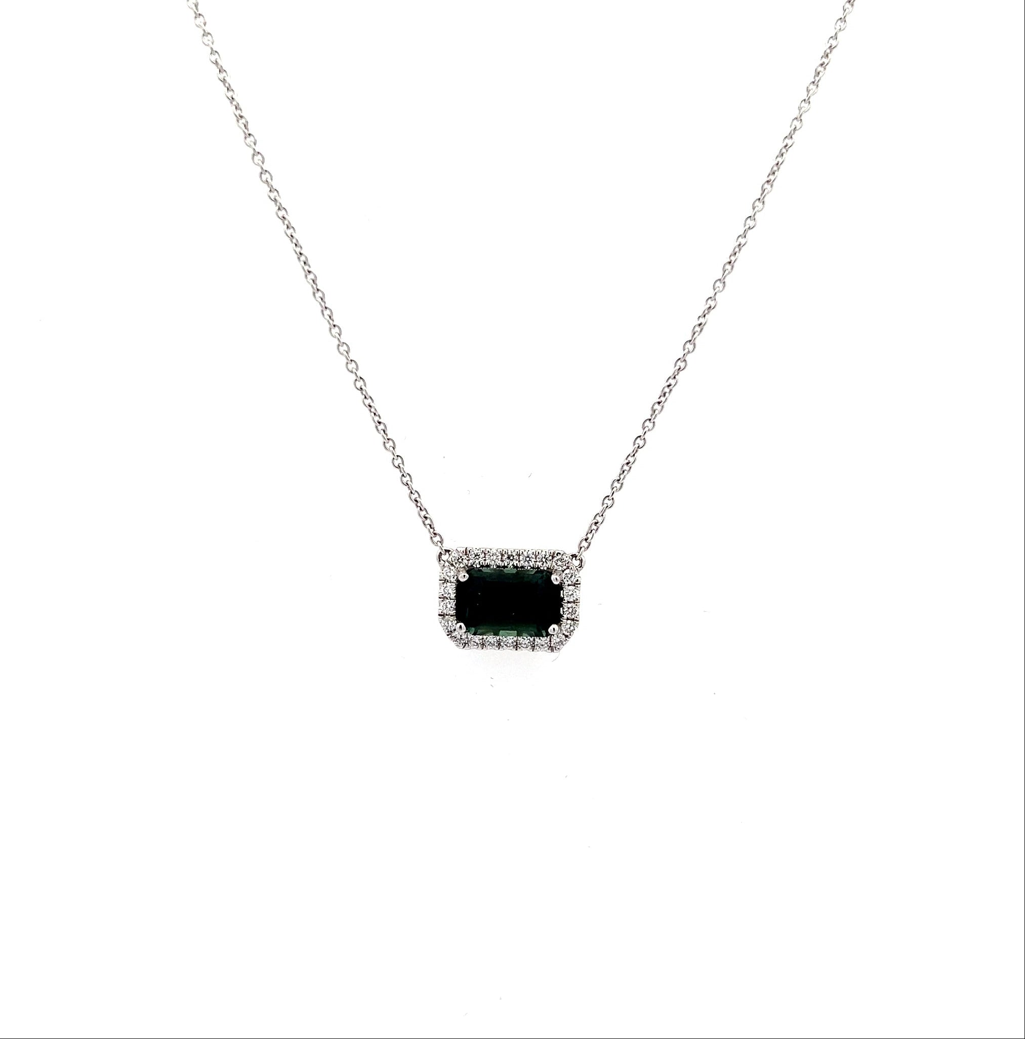 18K WHITE GOLD NATURAL GREENISH BLUE SAPPHIRE HALO NECKLACE - Jackson Hole Jewelry Company