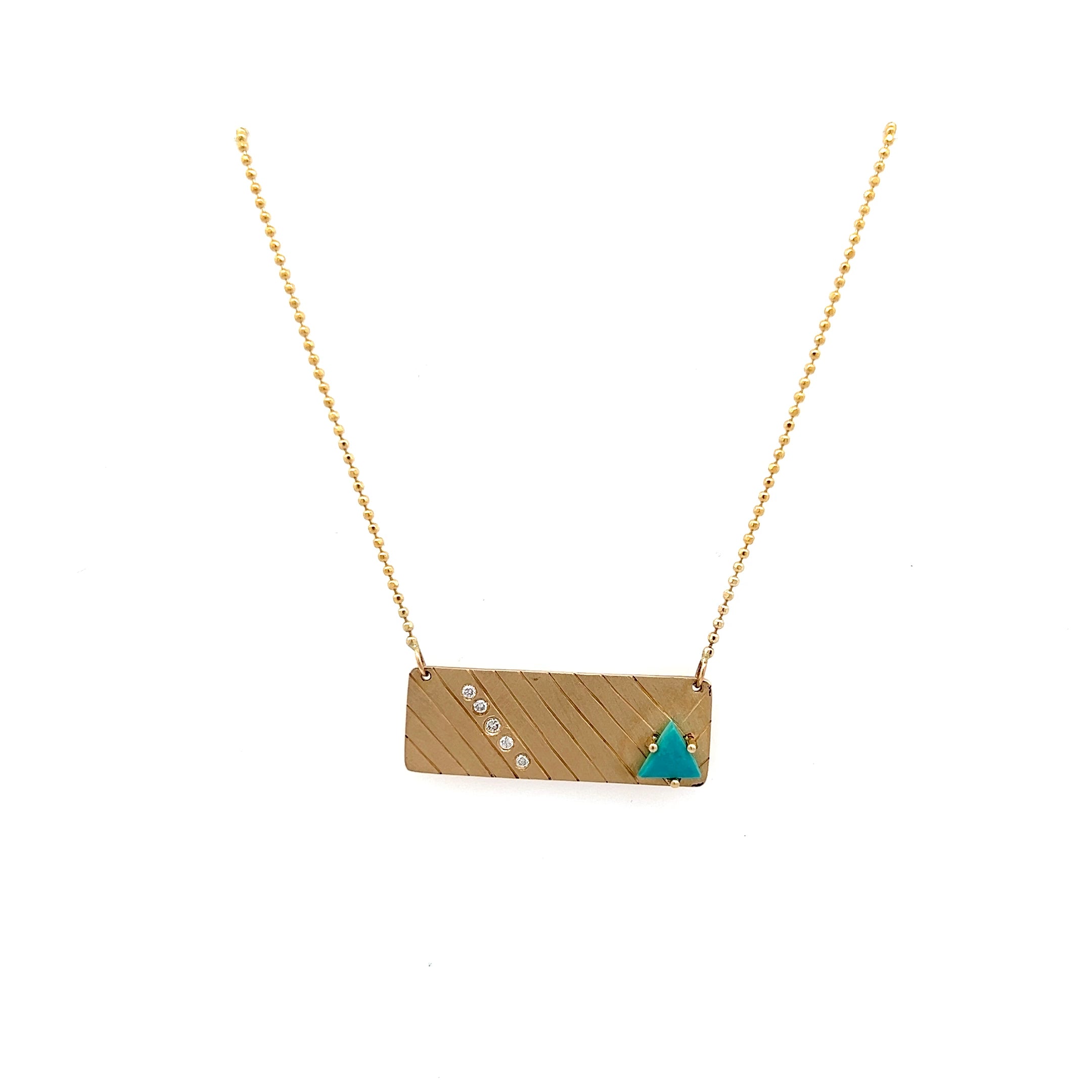 Stripe Horizontal Bar With Diamonds and a Turquoise Trillon in 14K Yellow Gold - Jackson Hole Jewelry Company