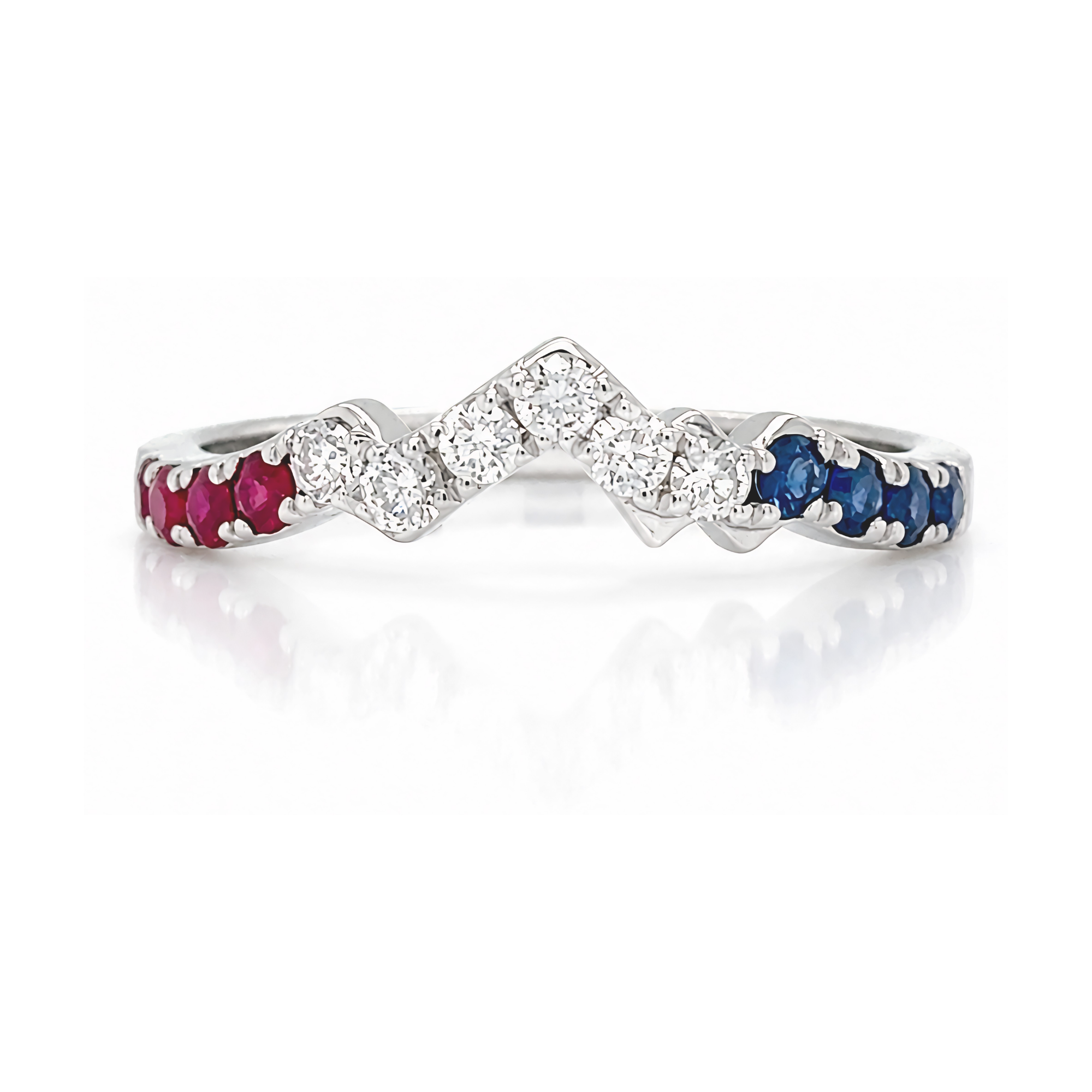USA Diamond Snow Top Ring with Rubies and Sapphires in 18K White Gold - Jackson Hole Jewelry Company