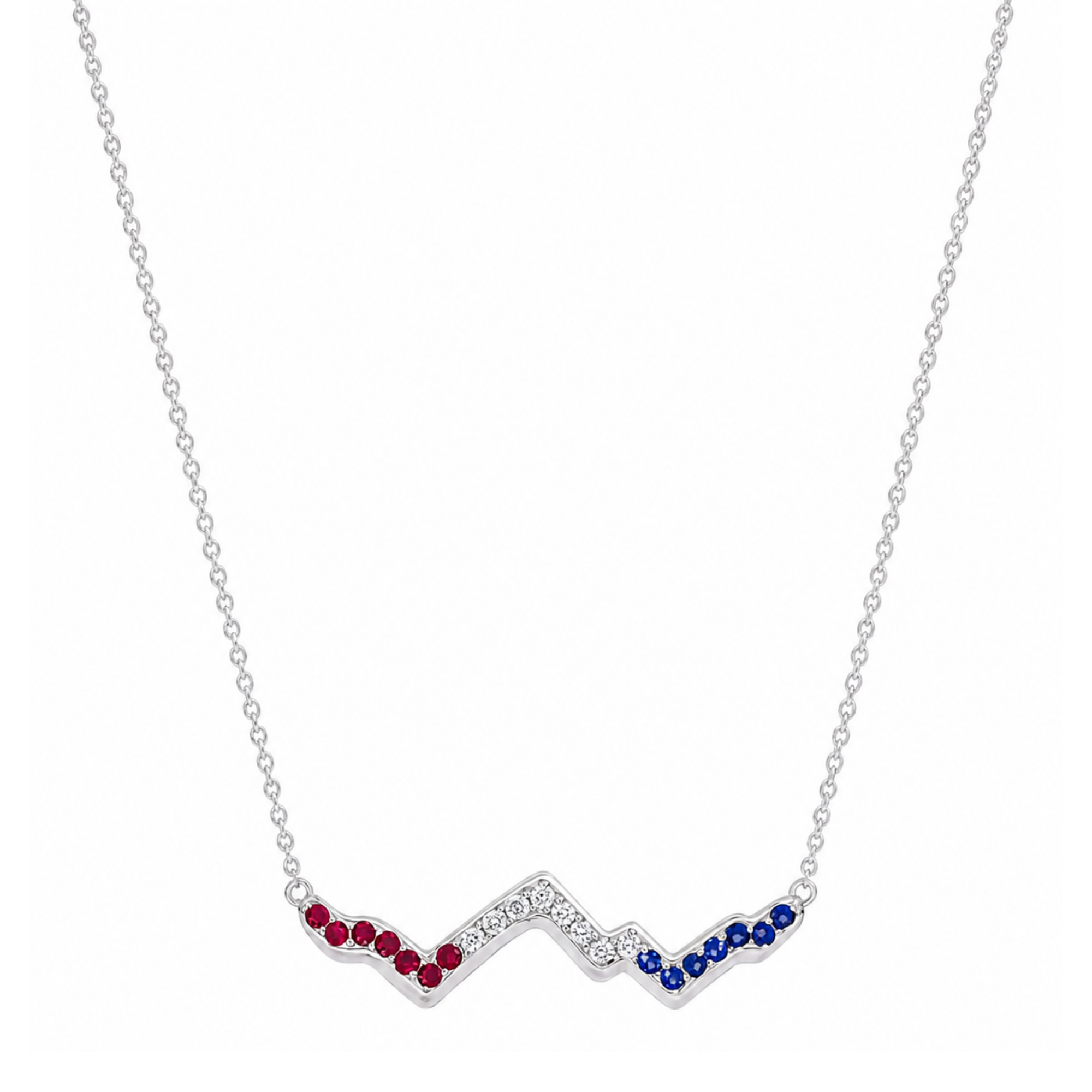 USA Diamond Rubies and Sapphires Teton Peak Outline Necklace in 18K White Gold - Jackson Hole Jewelry Company