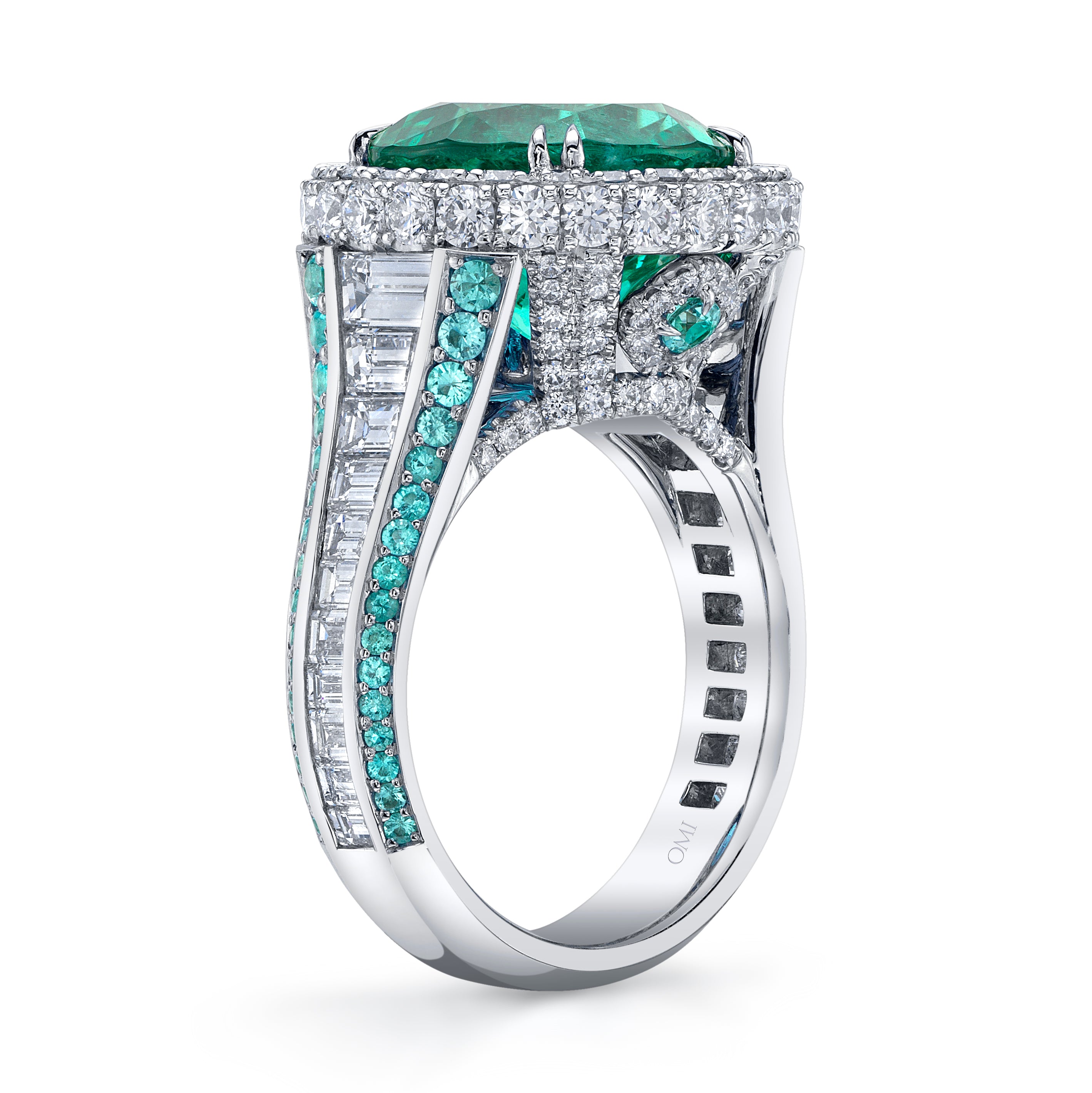 Omi Privé - Award Winning Brazilian Emerald, Paraiba Tourmaline & Diamond Ring in Platinum - Jackson Hole Jewelry Company