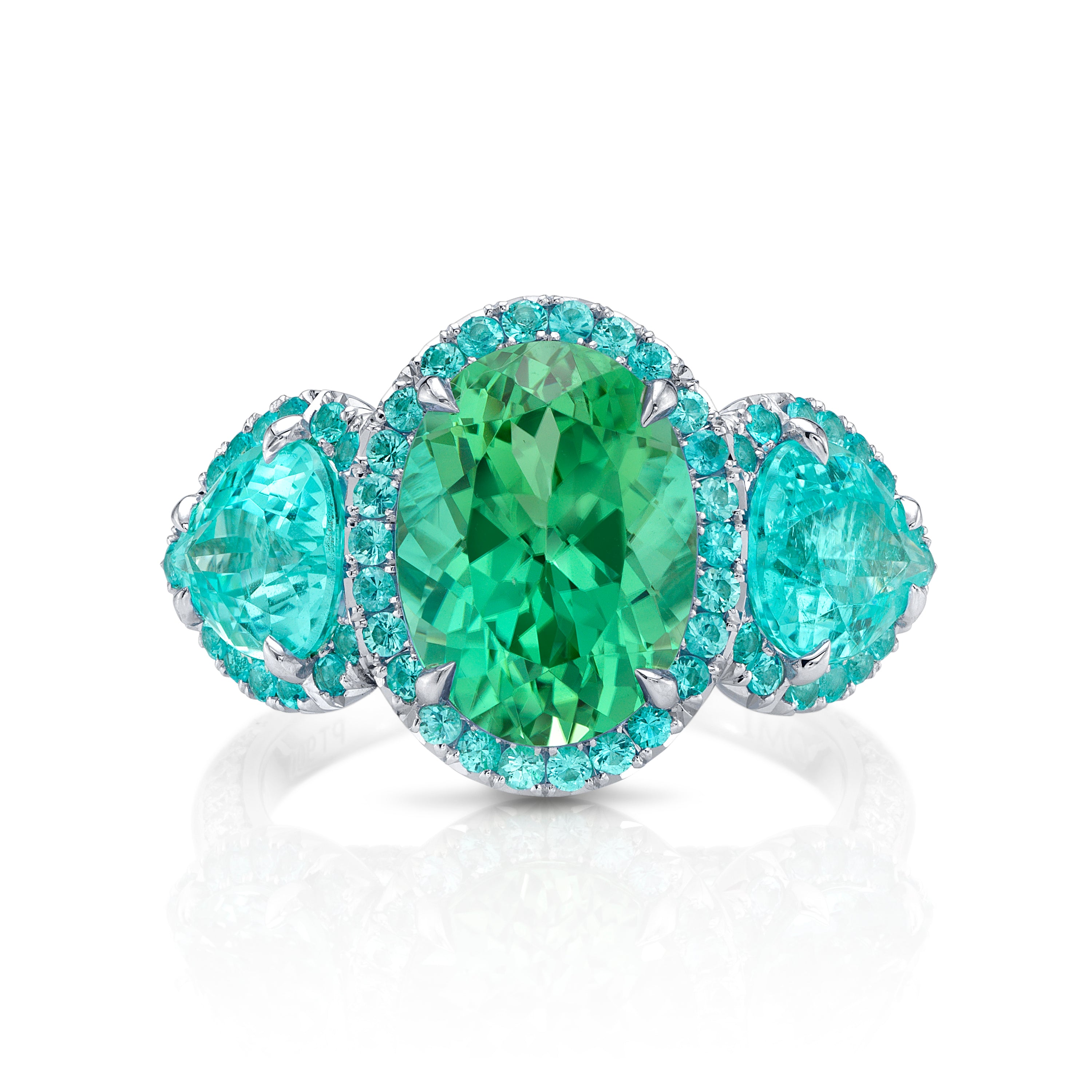 Omi Privé Green Tourmaline, Paraiba Type Tourmaline, Paraiba, Tsavorite Garnet & Diamond Ring in Platinum - Jackson Hole Jewelry Company