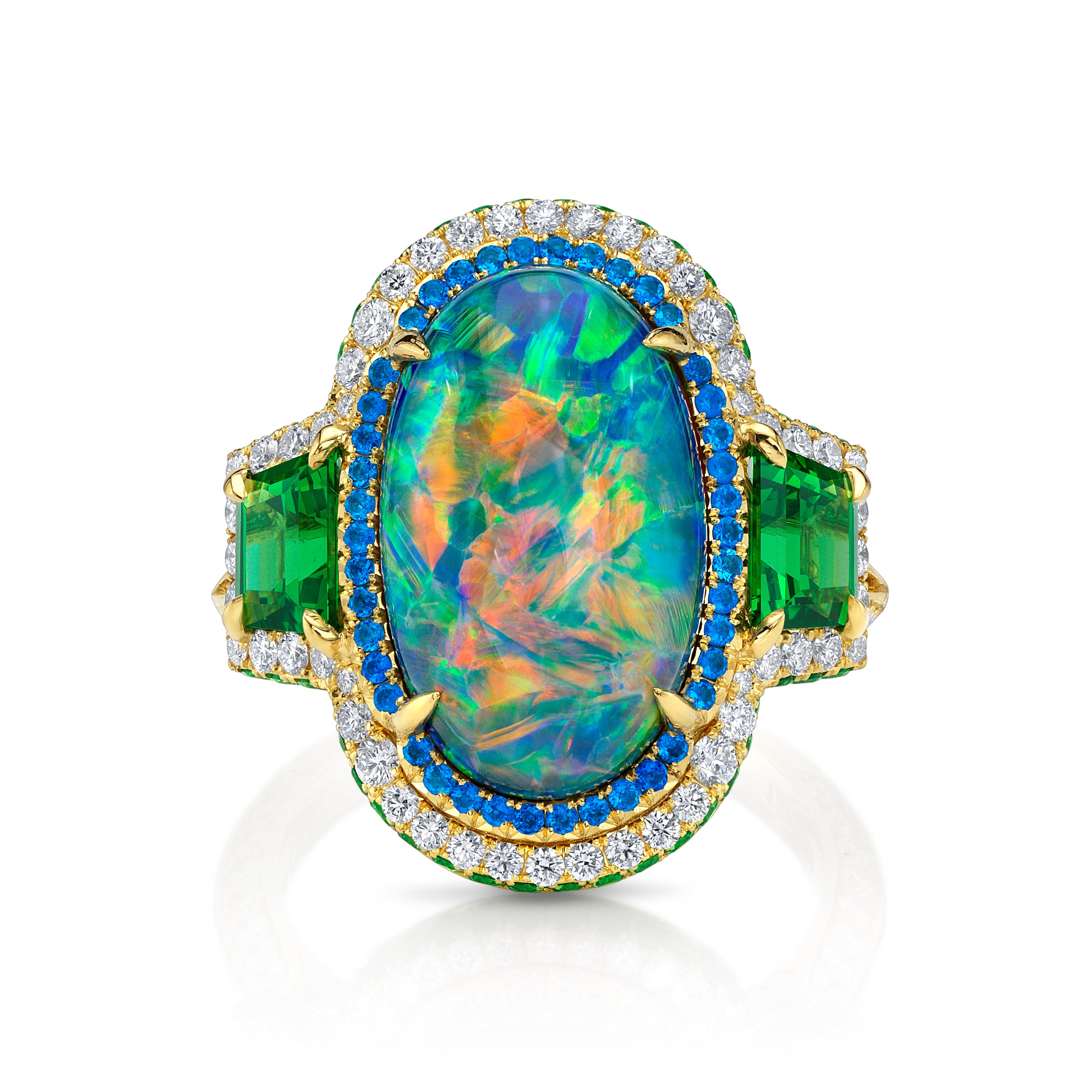 Omi Privé Australian Black Opal, Tsavorite, Hauyne & Diamond Ring in 18K Yellow Gold - Jackson Hole Jewelry Company