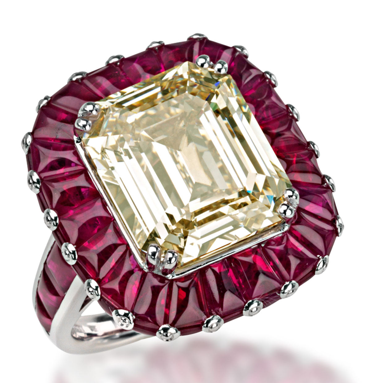 Picchiotti - Emerald-Cut Diamond and Buff Topped Ruby Ring in 18K White Gold - Jackson Hole Jewelry Company
