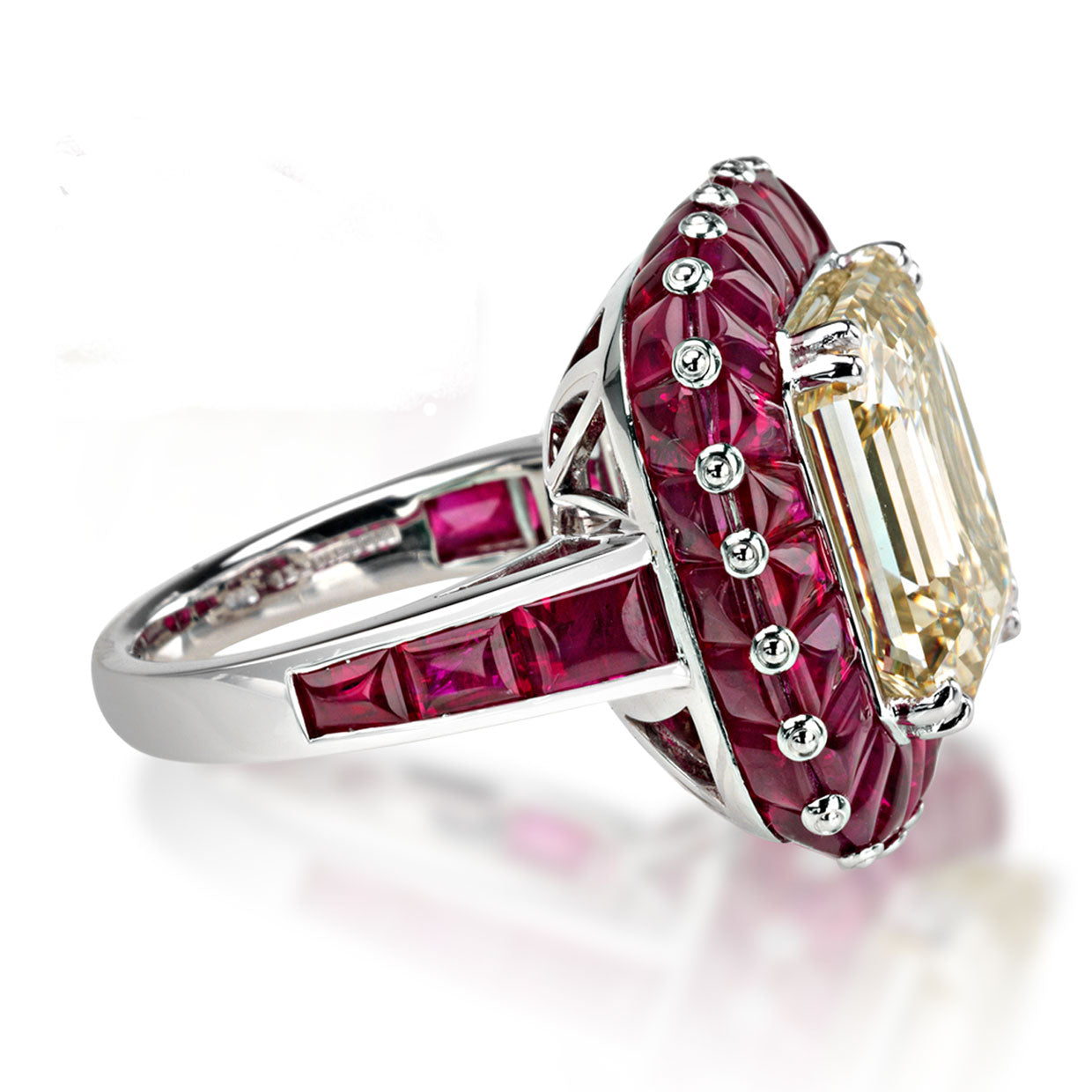 Picchiotti - Emerald-Cut Diamond and Buff Topped Ruby Ring in 18K White Gold - Jackson Hole Jewelry Company