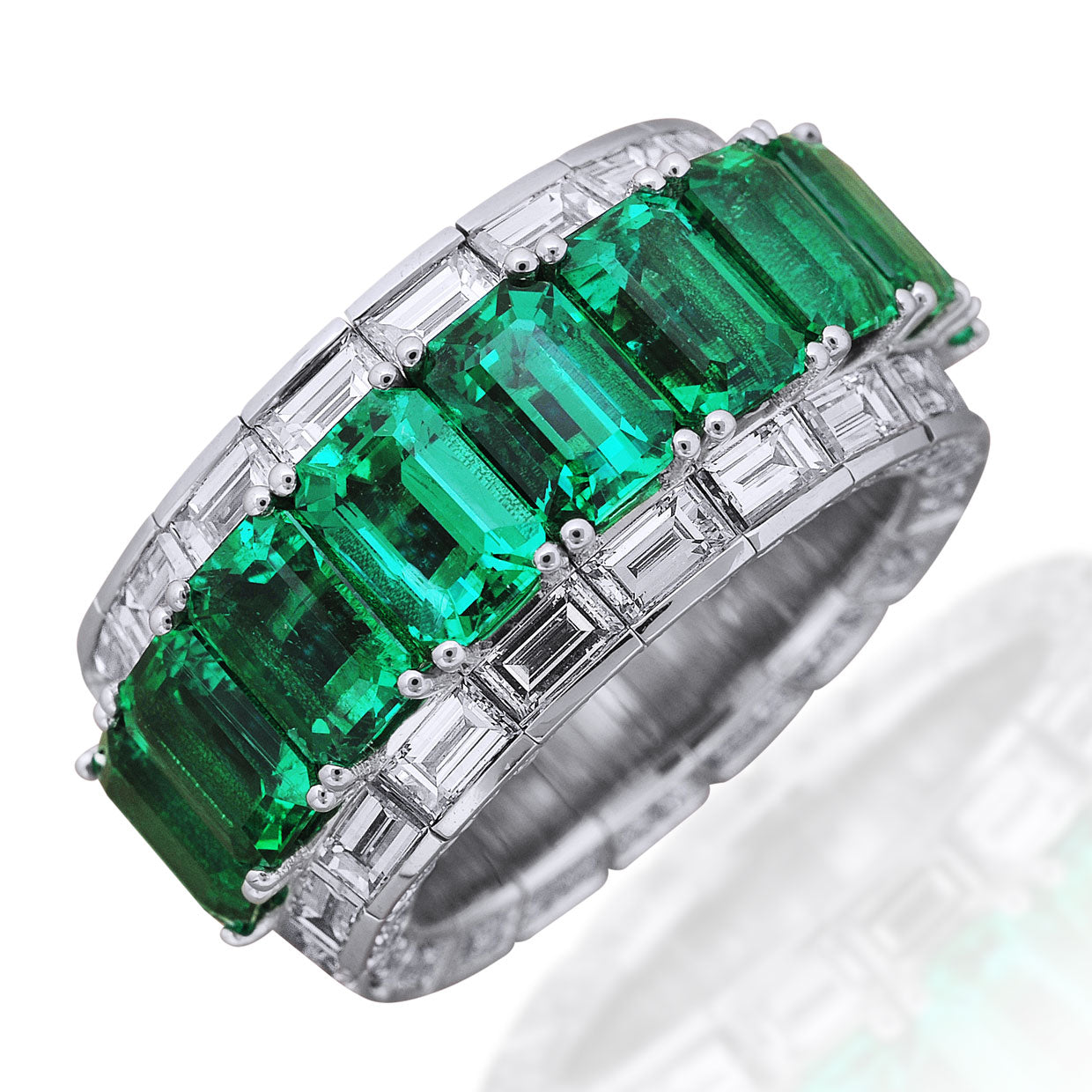 Picchiotti - Xpandable™ Baguette-Cut Emerald and Diamond Ring in 18K White Gold - Jackson Hole Jewelry Company