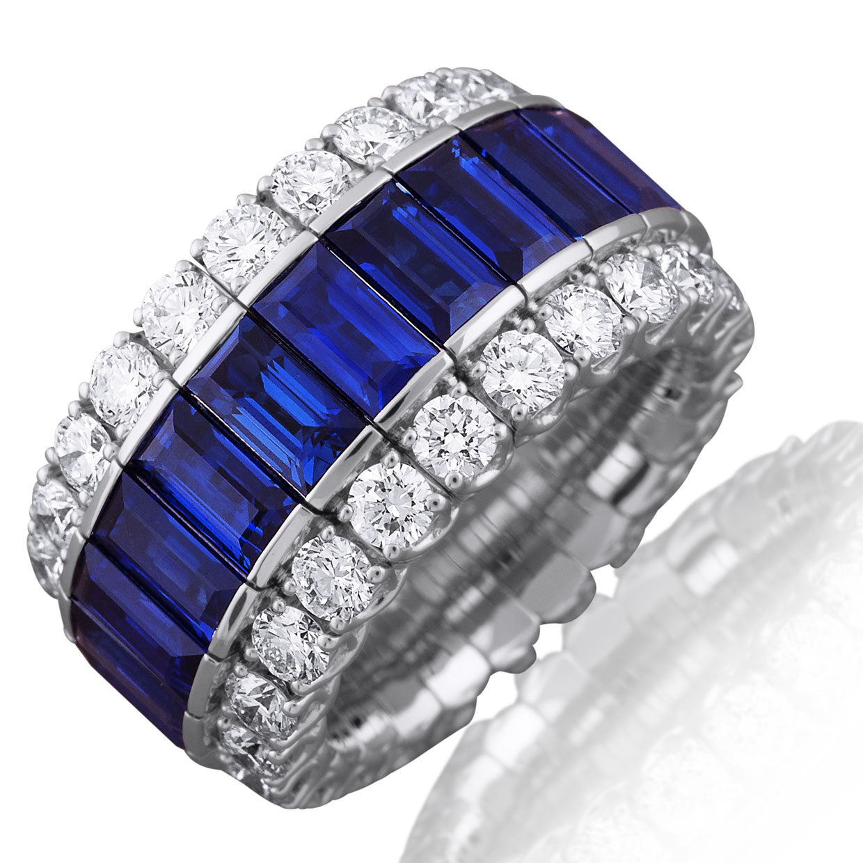 Picchiotti - Xpandable™ Baguette-Cut Blue Sapphire and Round Diamond Ring in 18K White Gold - Jackson Hole Jewelry Company