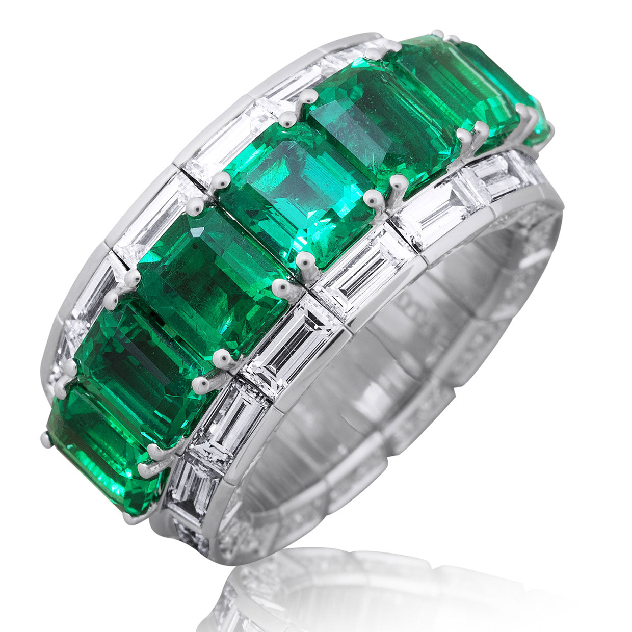 Picchiotti - Xpandable™ Baguette-Cut Emerald Ring with White Diamonds in 18K White Gold - Jackson Hole Jewelry Company