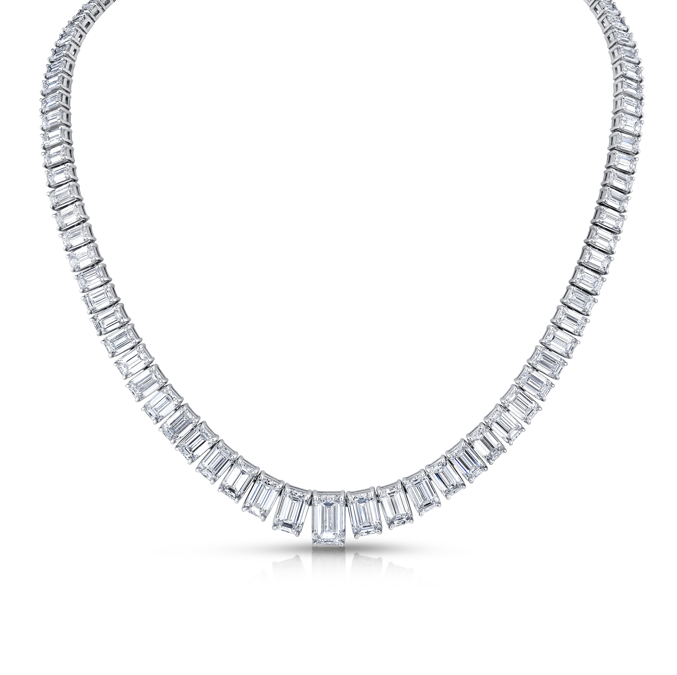 Platinum Graduated Riviera Emerald Cut Tennis Necklace – 53.39 CTTW - Jackson Hole Jewelry Company