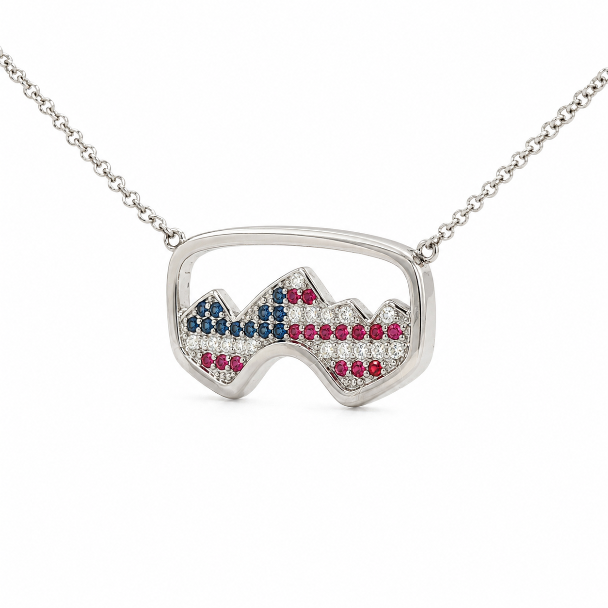USA Ski Goggle Diamond Necklace with Rubies and Sapphires in 18K White Gold - Jackson Hole Jewelry Company