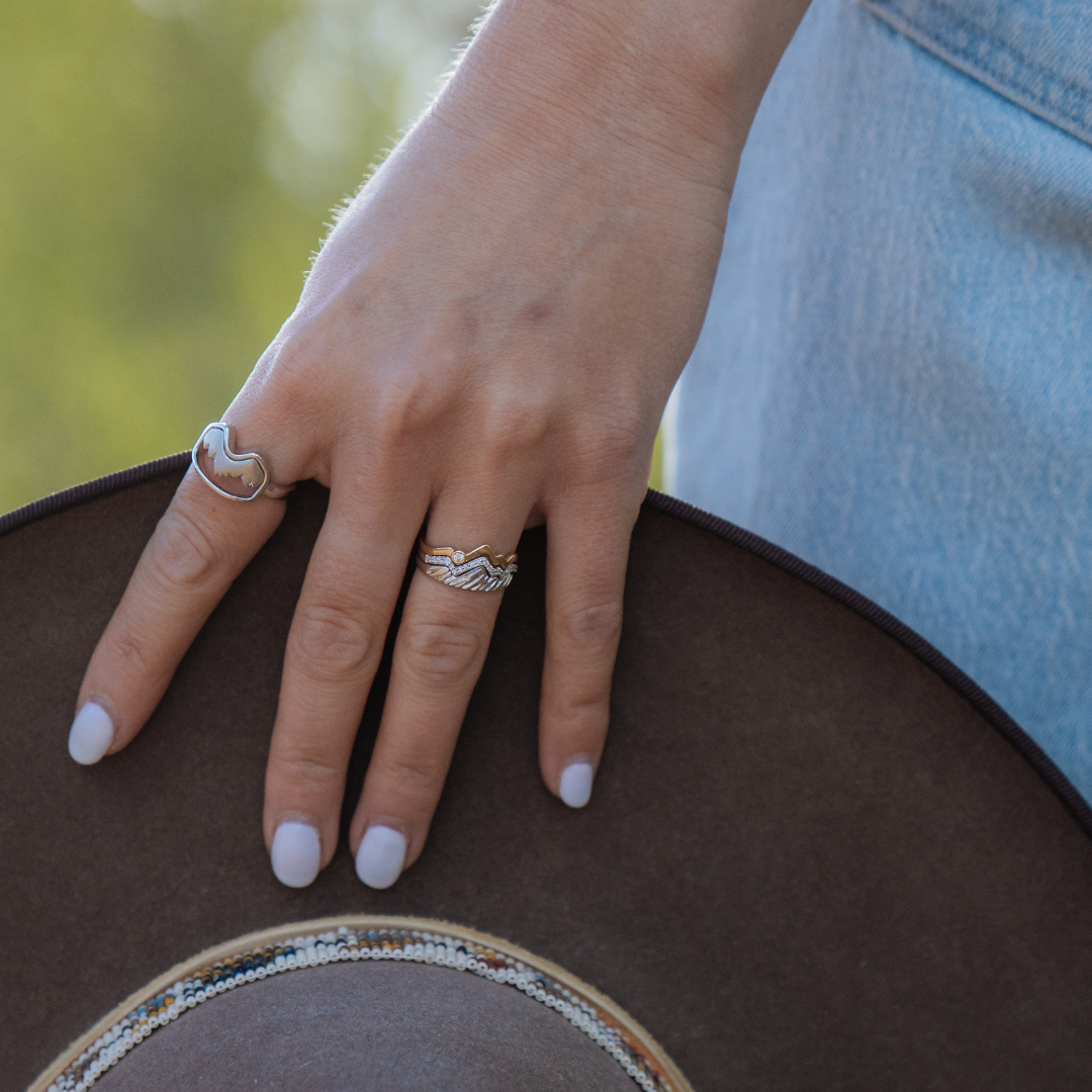 Teton Outline Sunset Ring with Inset White Diamond - Jackson Hole Jewelry Company