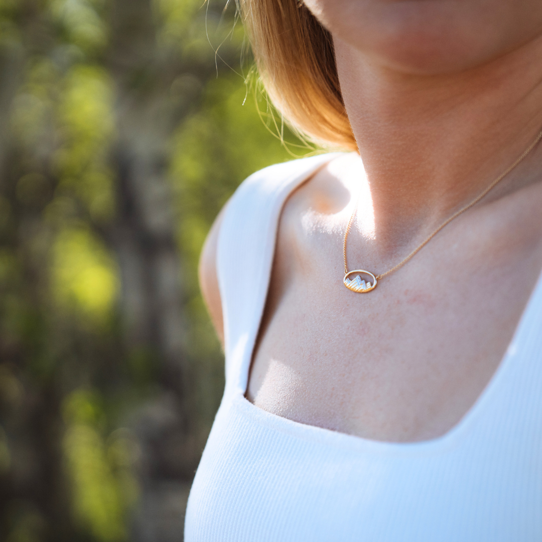 Teton Oval Carved 14K Gold Necklace with Diamonds - Jackson Hole Jewelry Company