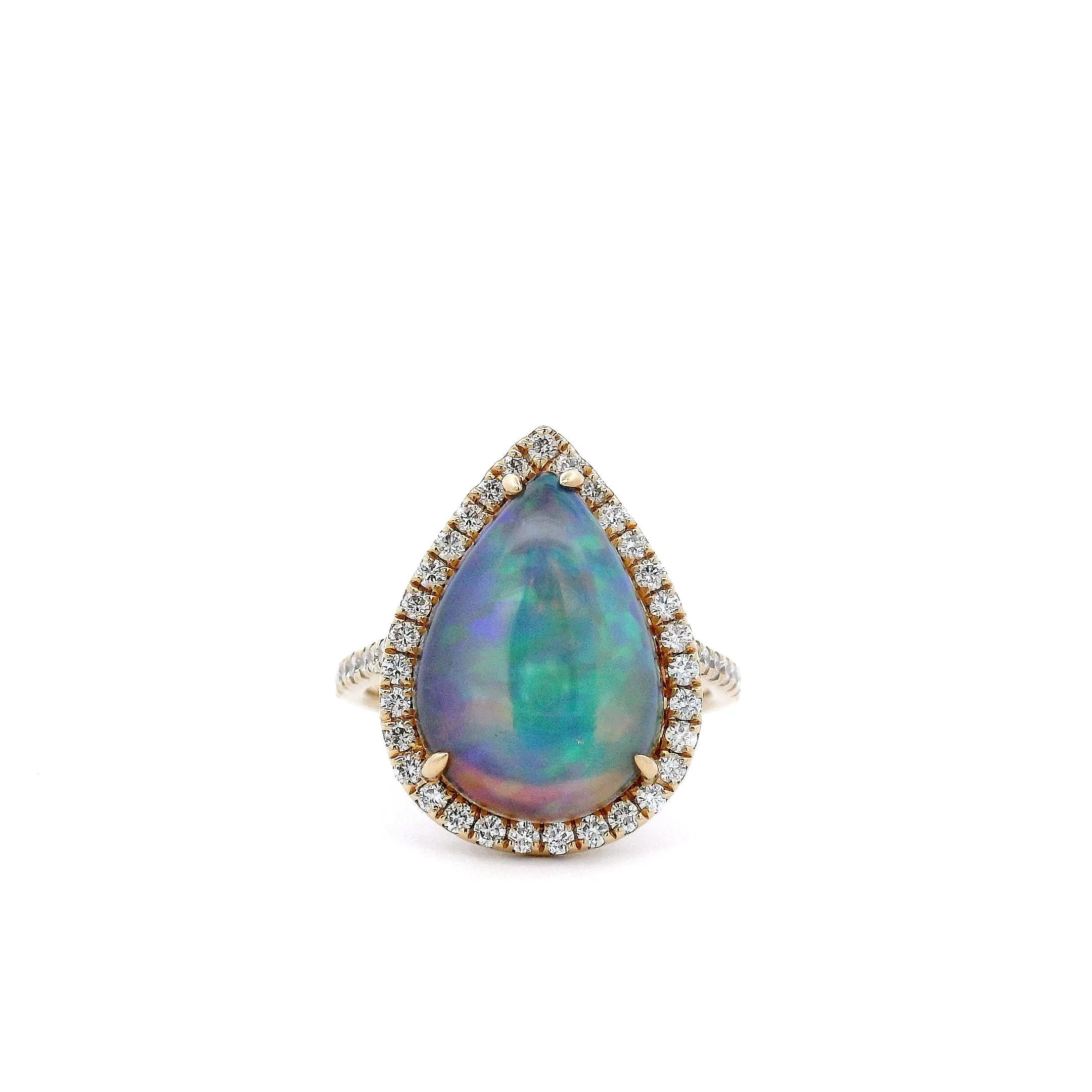 Pear Shape Opal and Diamond Ring in 14K Yellow Gold - Jackson Hole Jewelry Company