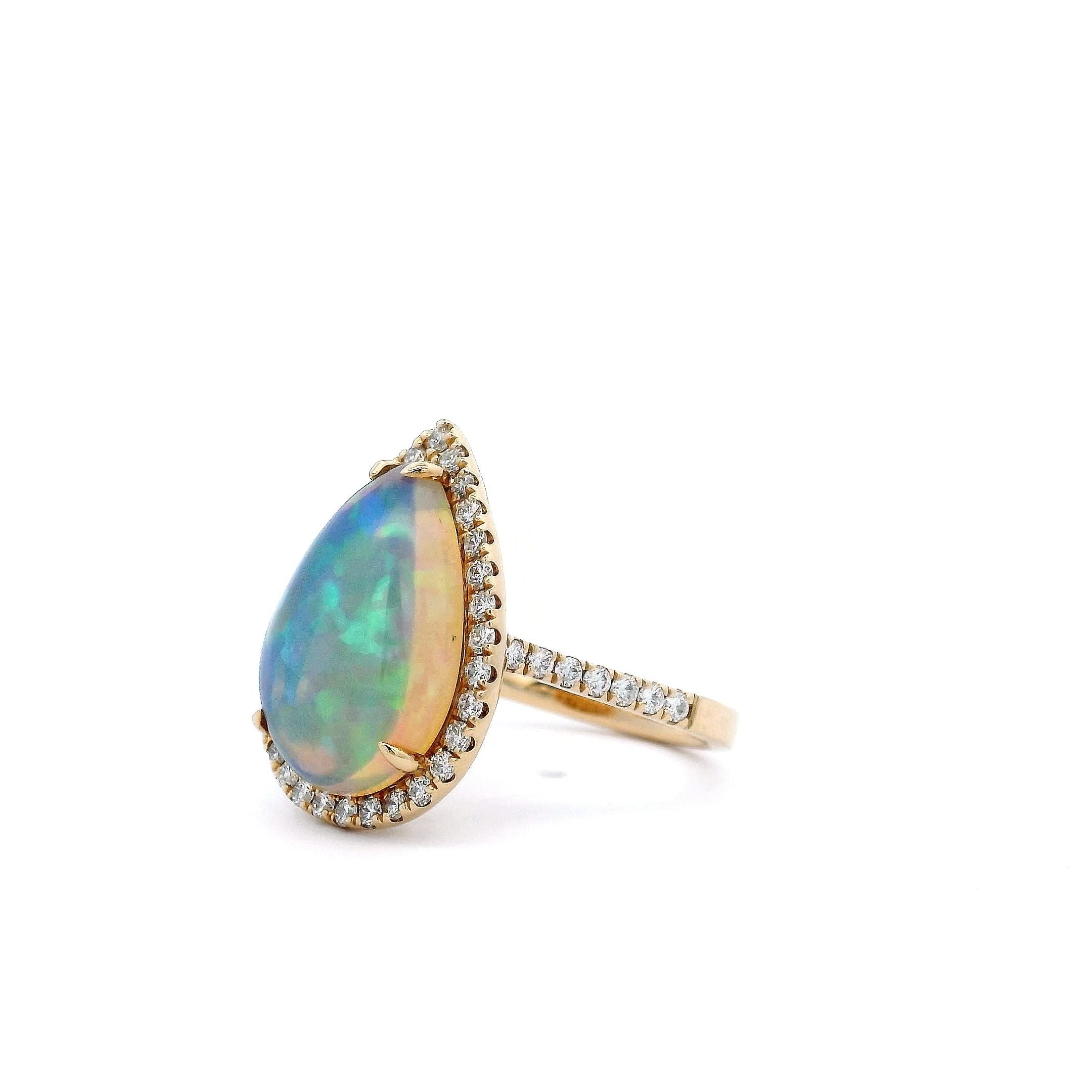 Pear Shape Opal and Diamond Ring in 14K Yellow Gold - Jackson Hole Jewelry Company