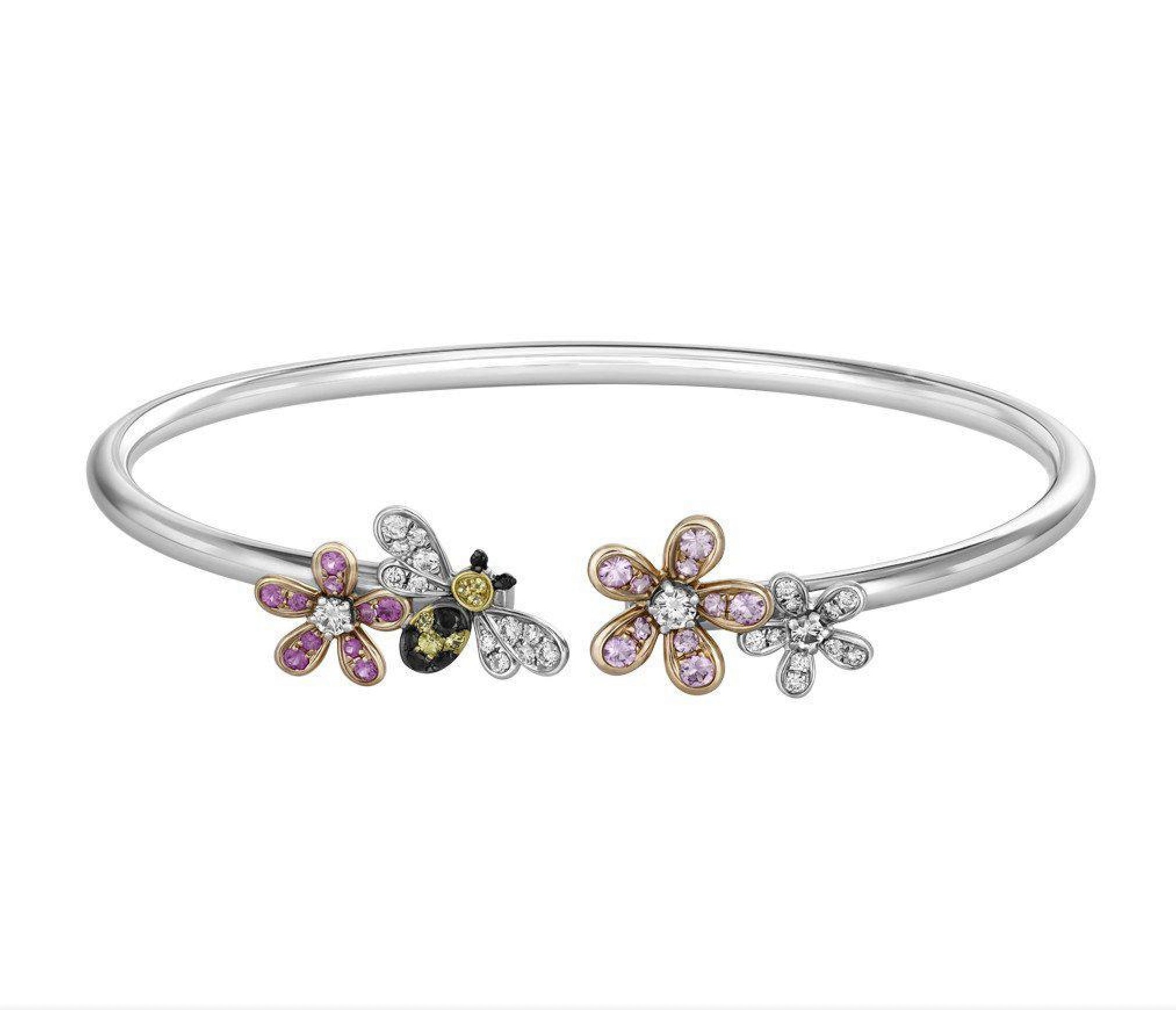 Teton Wildflower Collection Bee Bangle Bracelet With Diamonds and Pink Sapphires in 18K White Gold - Jackson Hole Jewelry Company