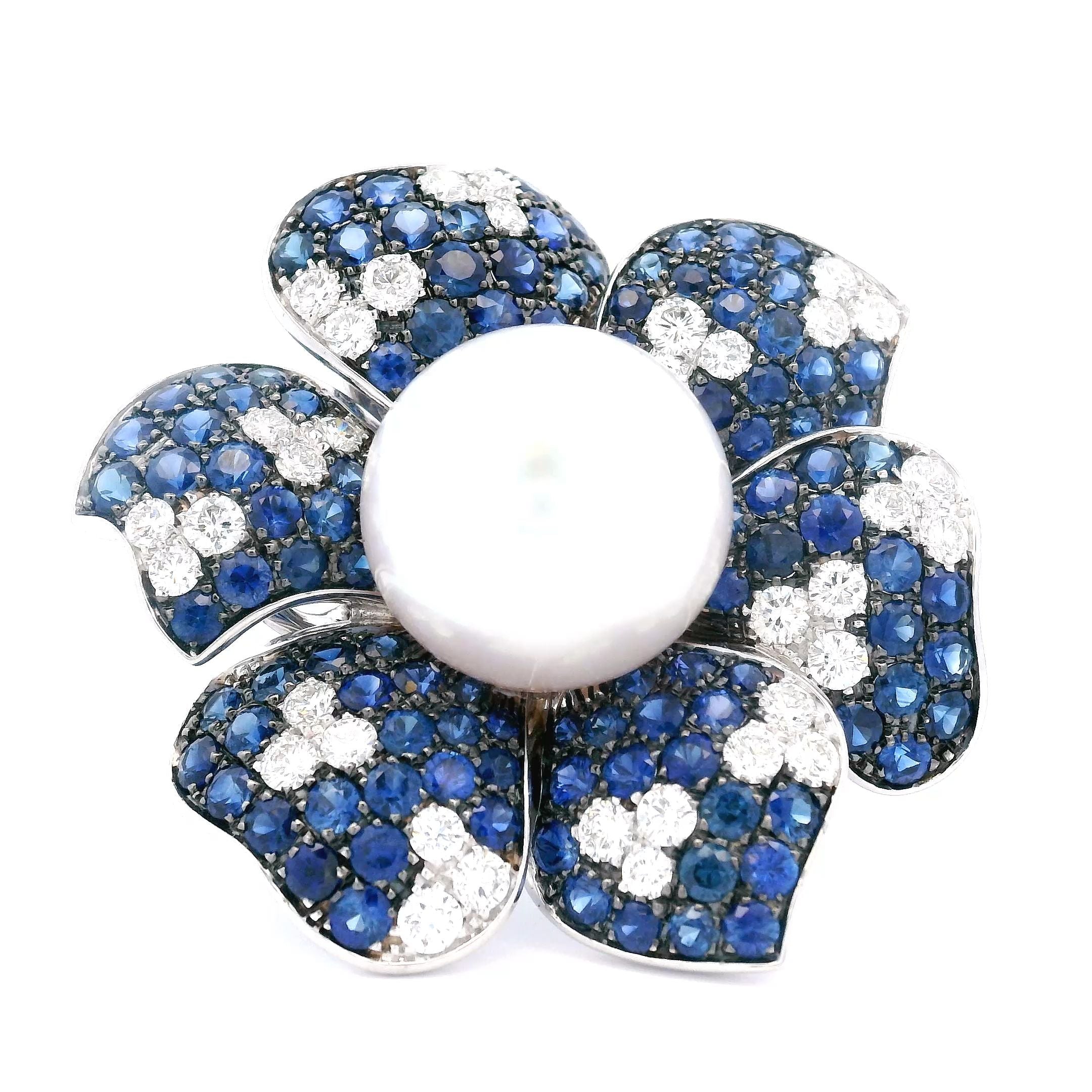 WHITE DIAMOND AND BLUE SAPPHIRE FLOWER RING WITH PEARL CENTER - Jackson Hole Jewelry Company